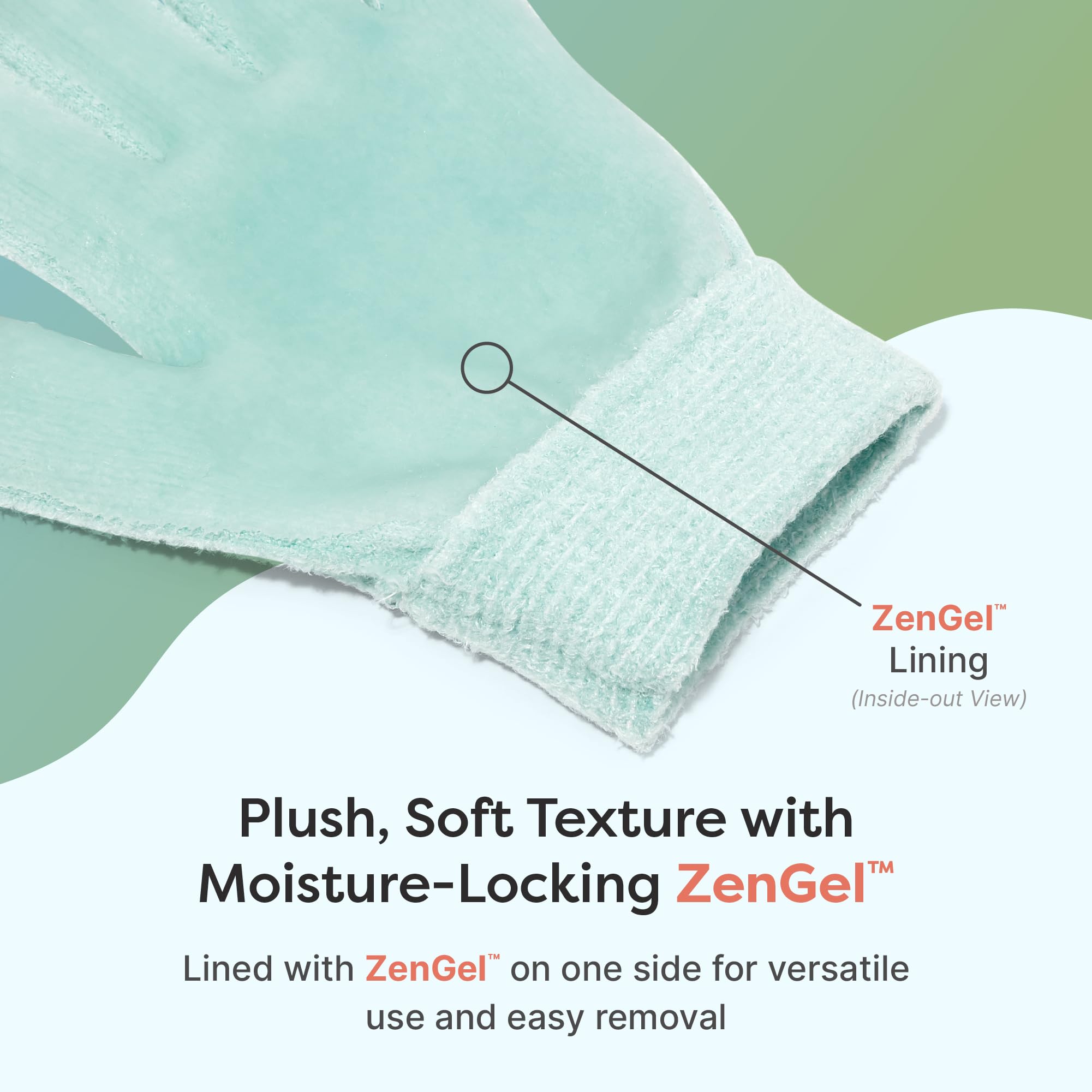 ZenToes Moisturizing Gloves with media tips shown interacting with a screen.