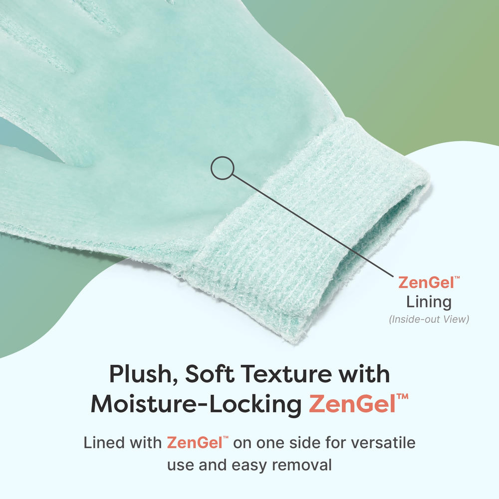 ZenToes Moisturizing Gloves with media tips shown interacting with a screen.