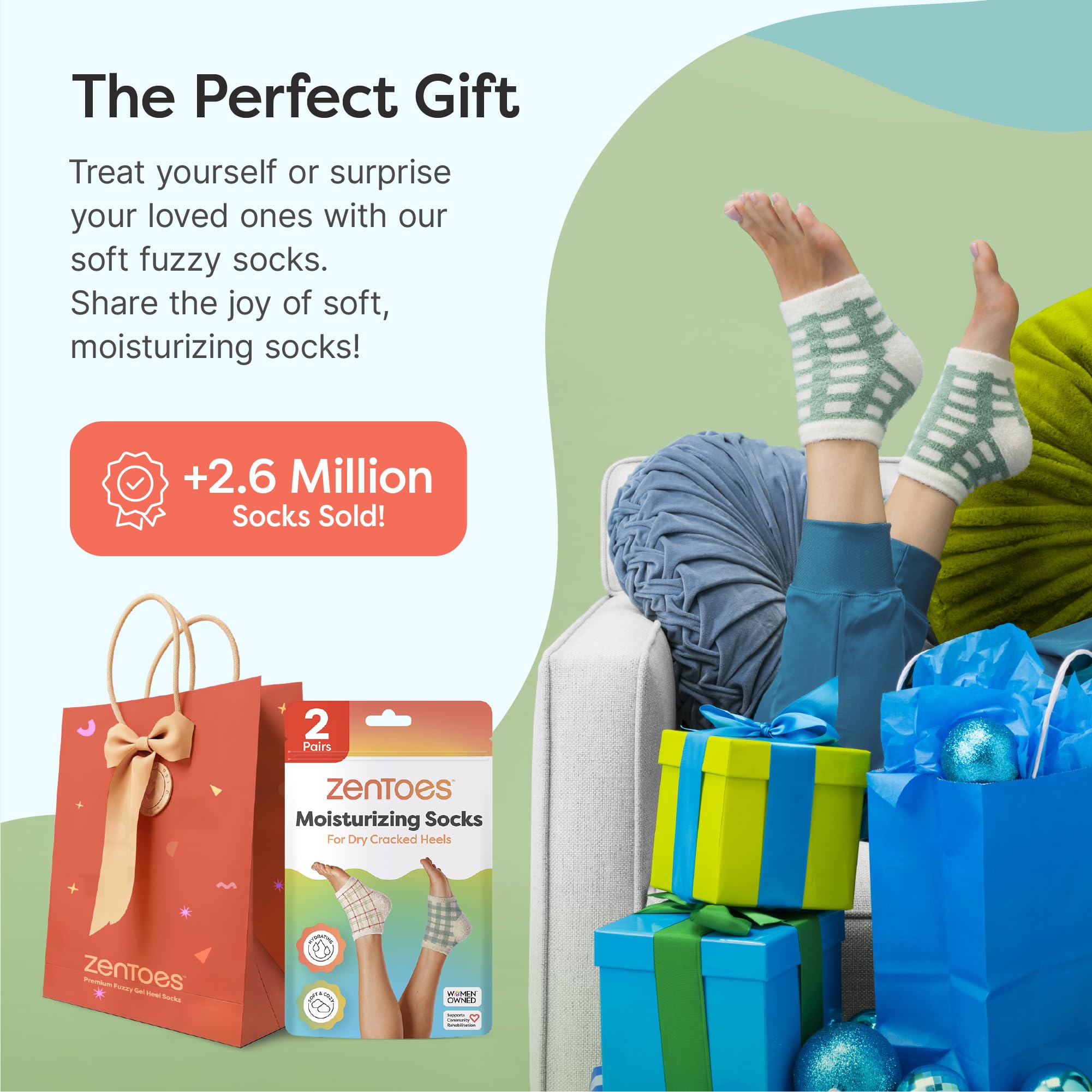 ZenToes stocking-stuffer-ready packaging showcases gifting appeal.