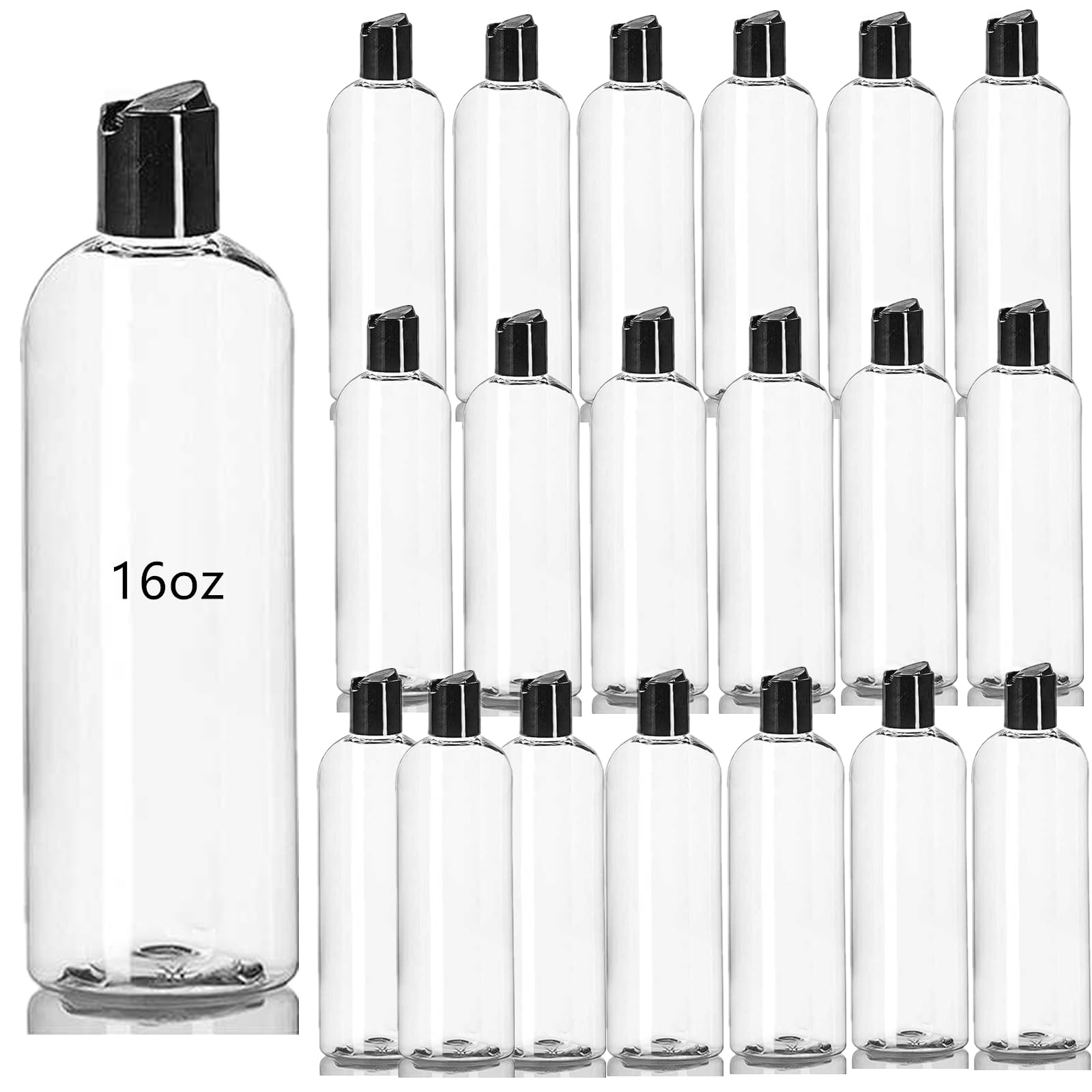 Zentriqlla 20-pack clear bottles with disc-top caps for reusable, organized toiletry storage.