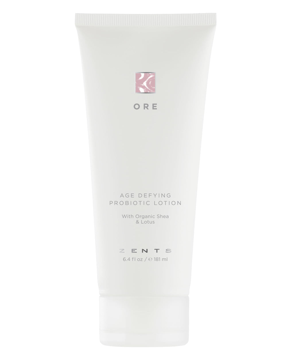 Zents Ore Age-Defying Lotion bottle highlights a silky formula for daily hydration and skin smoothness.