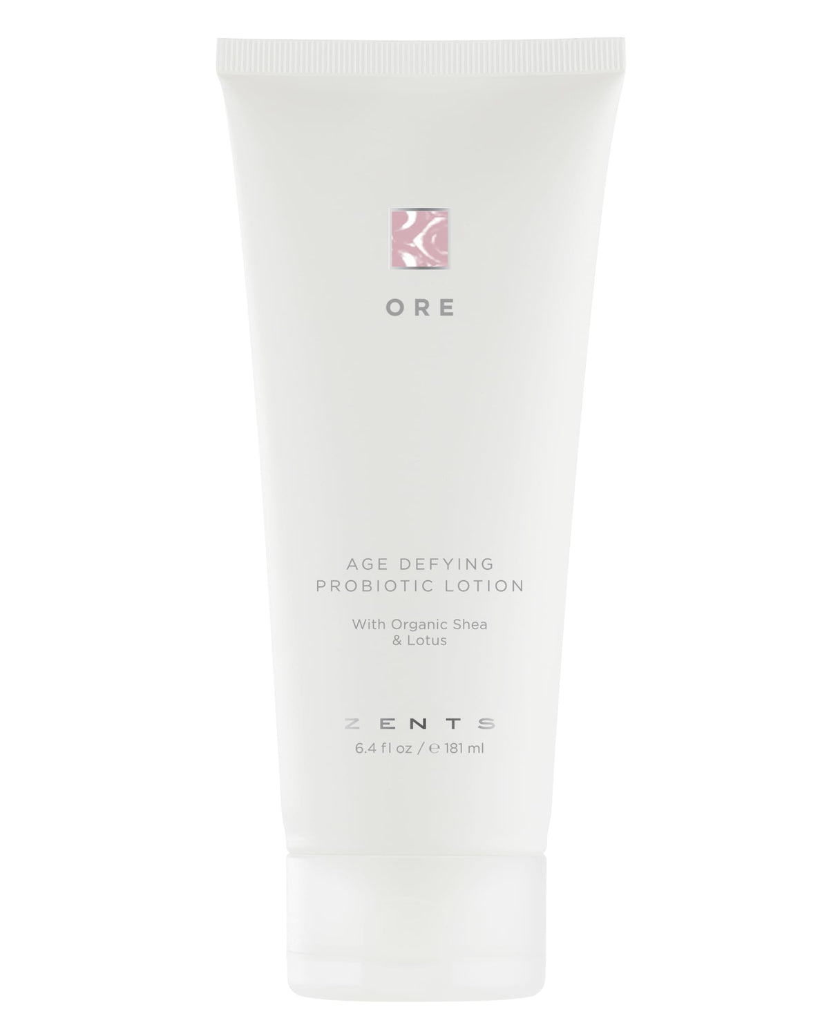 Zents Ore Age-Defying Lotion bottle highlights a silky formula for daily hydration and skin smoothness.