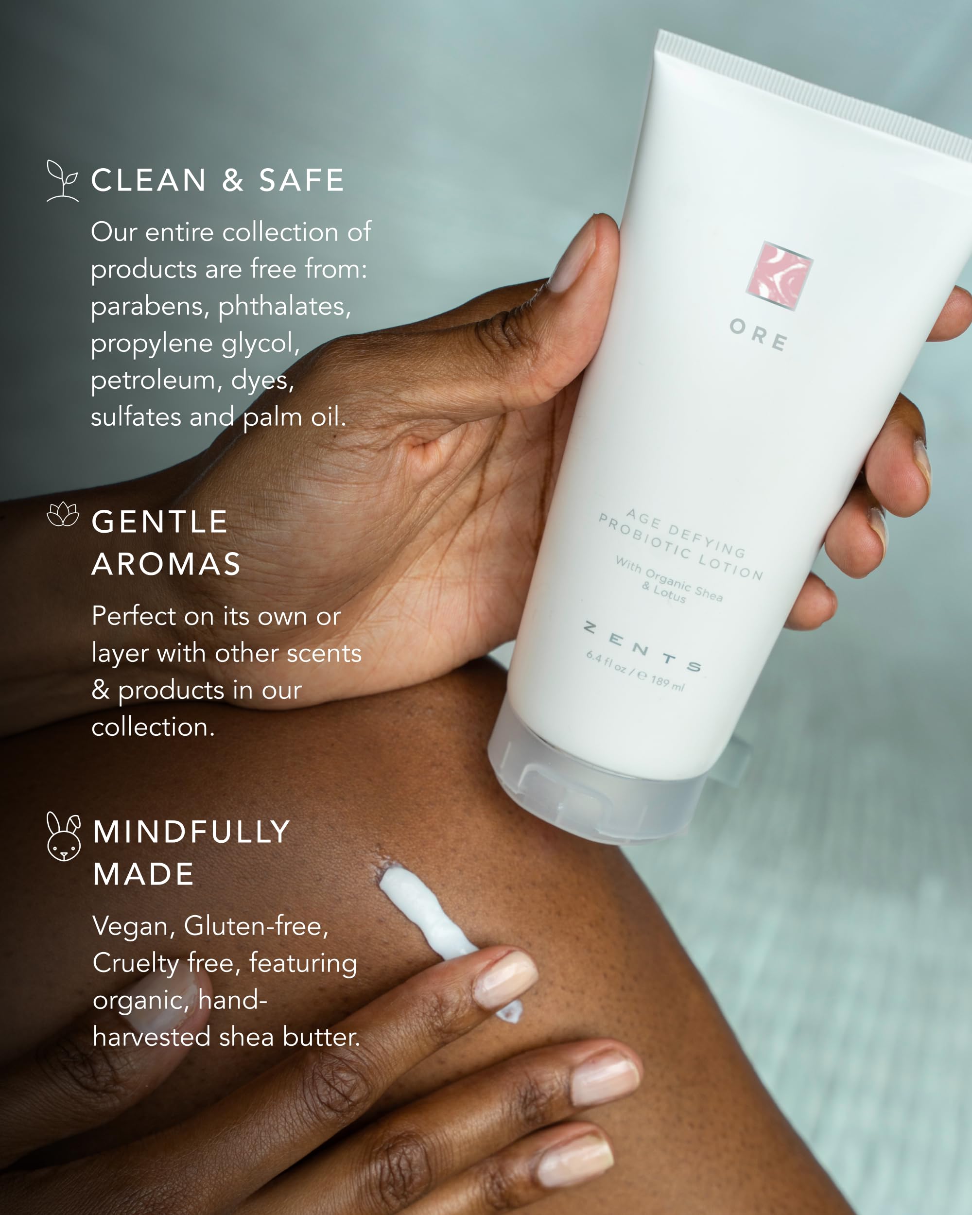 Zents Ore hyaluronic acid detail shows ultra-hydration for dewy, resilient skin.