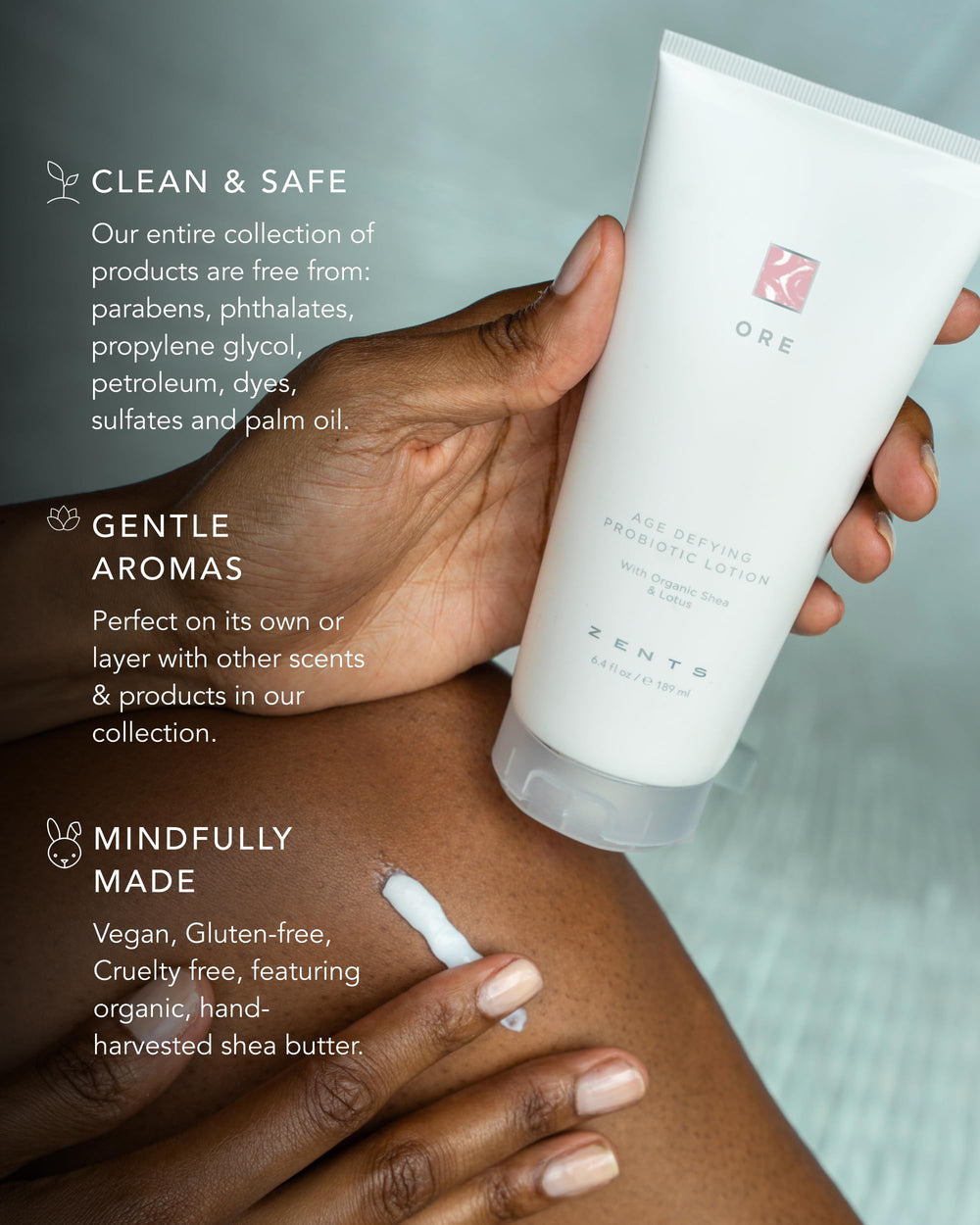 Zents Ore hyaluronic acid detail shows ultra-hydration for dewy, resilient skin.