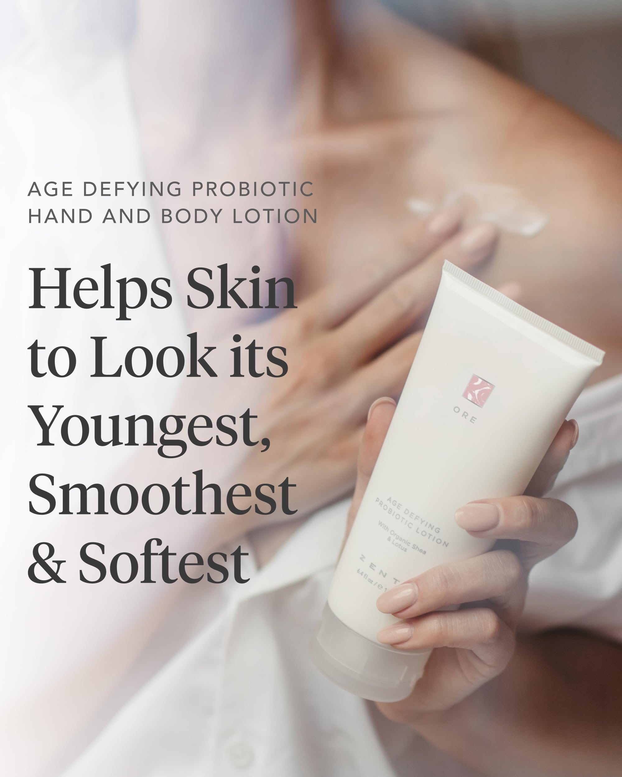 Zents Ore lotion pump closeup showcases fast-absorbing texture for soft, nourished skin.