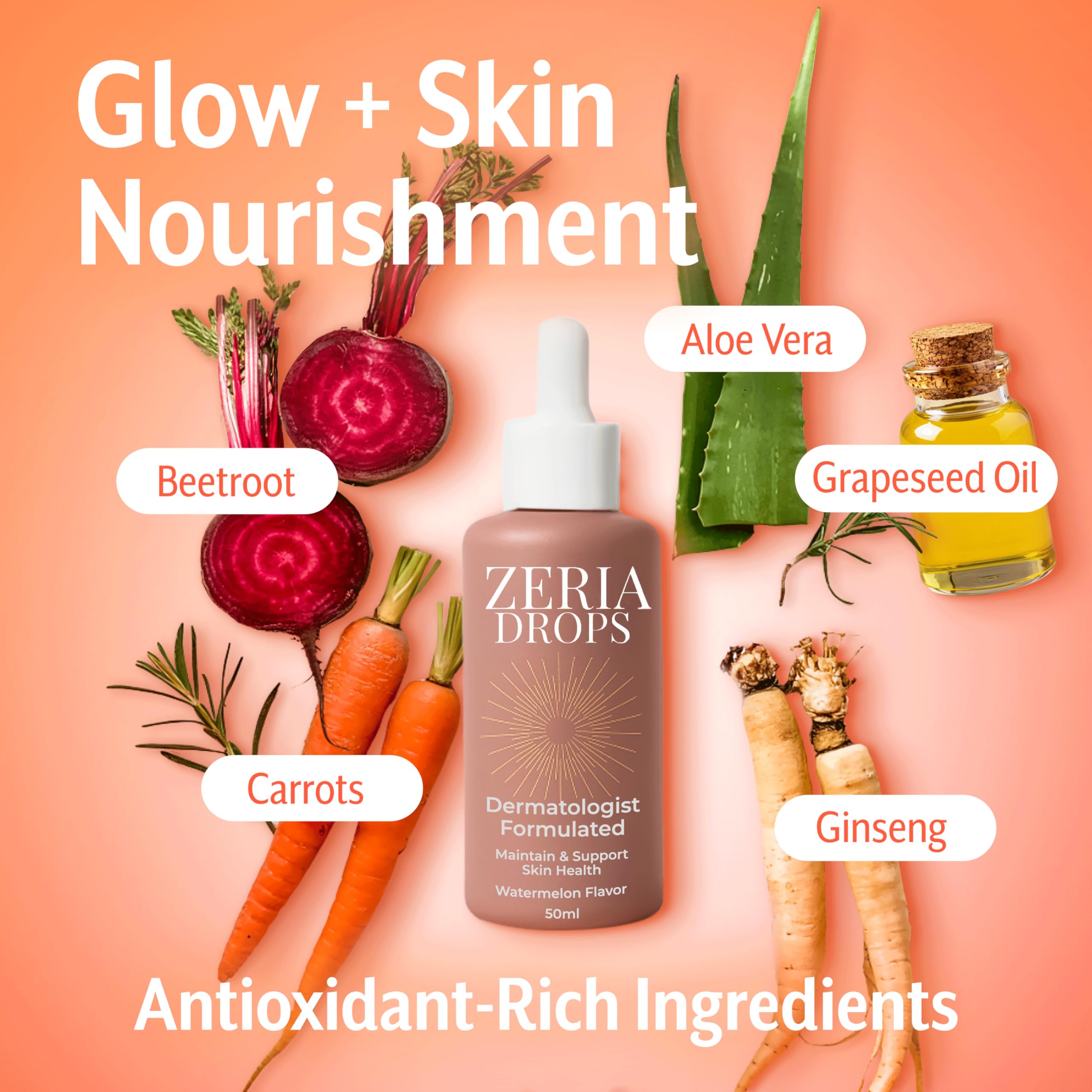 Zeria Tanning Drops face-use close-up—hydration and brightening for glow.