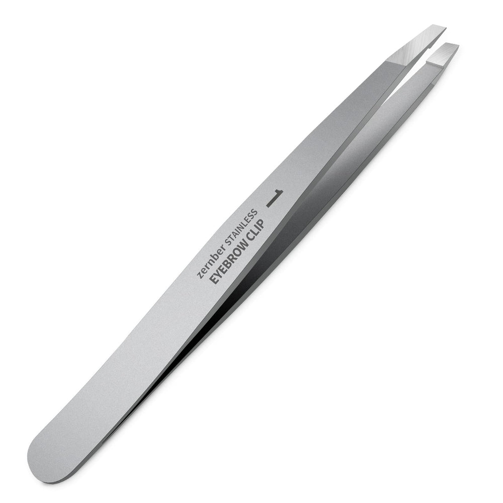 ZERNBER stainless steel precision eyebrow tweezers flat front view for precise shaping