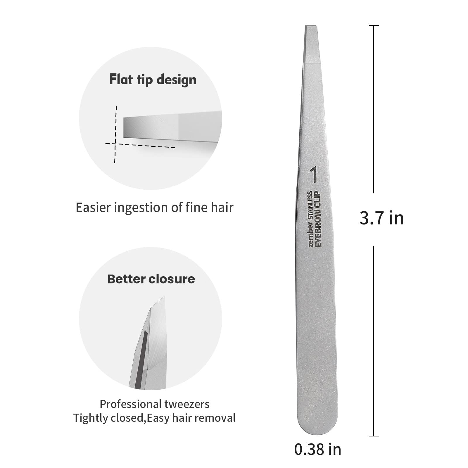 ZERNBER stainless steel precision eyebrow tweezers flat side view for accurate hair removal