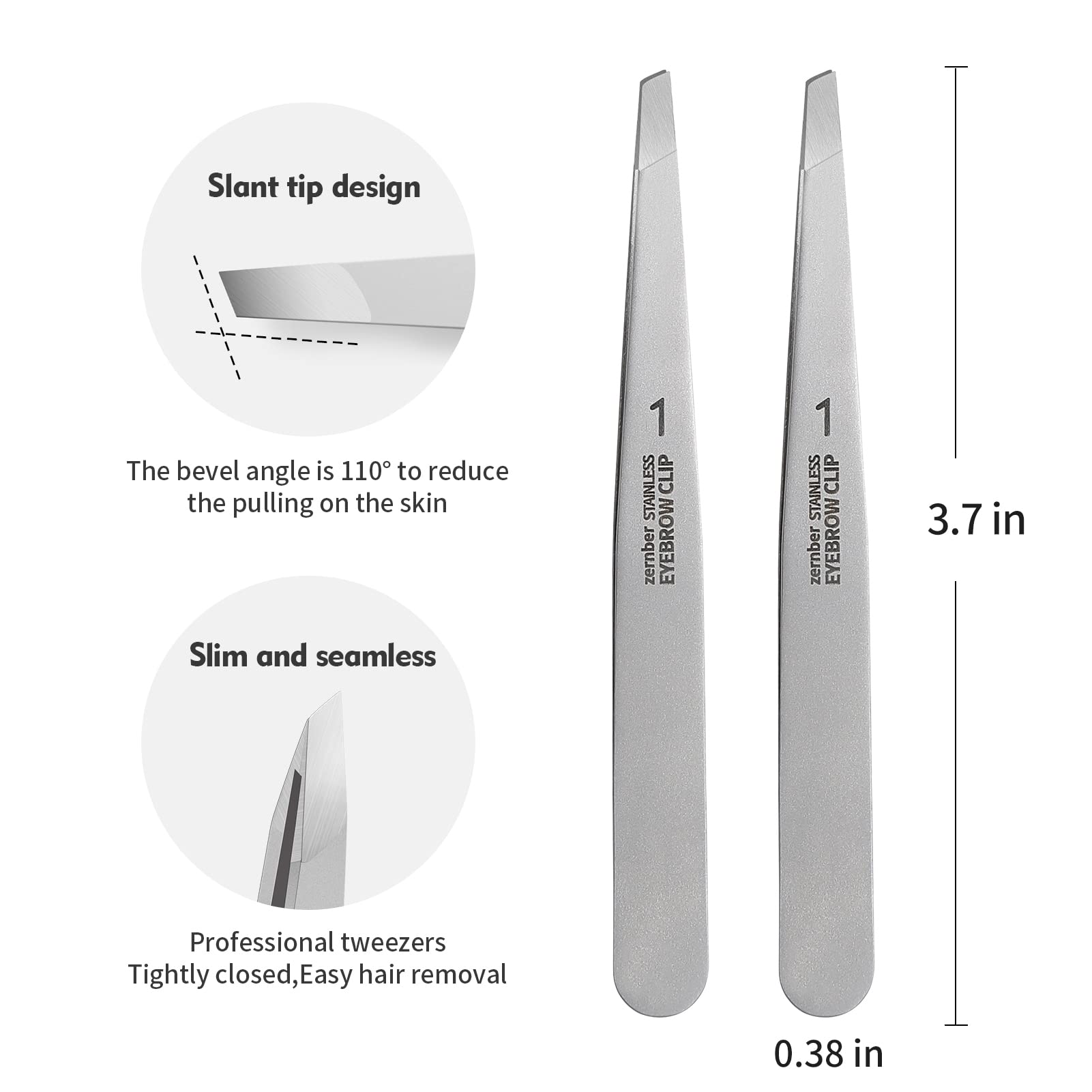 ZERNBER tweezers set 25-degree angle shown for easy eyebrow shaping.