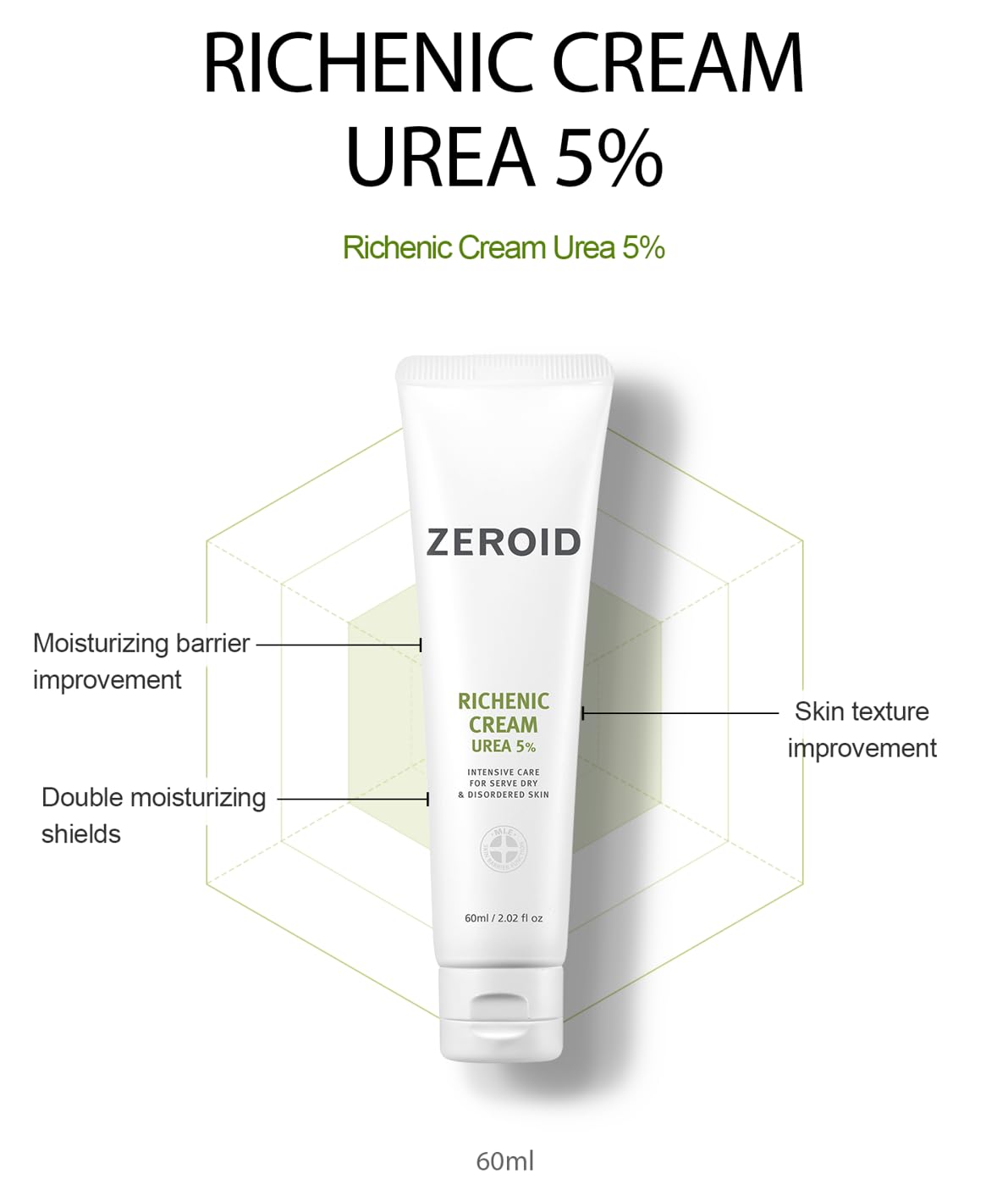 ZeroID Richenic Cream 5% Urea bottle display demonstrates hydration for very dry areas