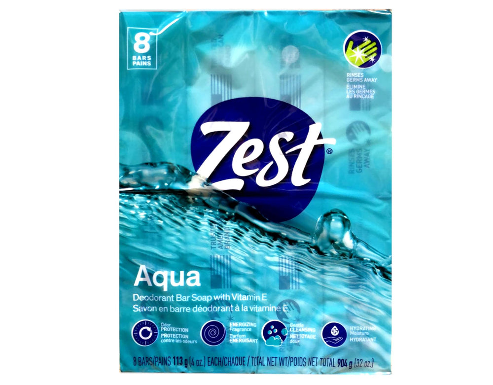 Zest Aqua Bar Soap bars row demonstrates bulk supply for households.
