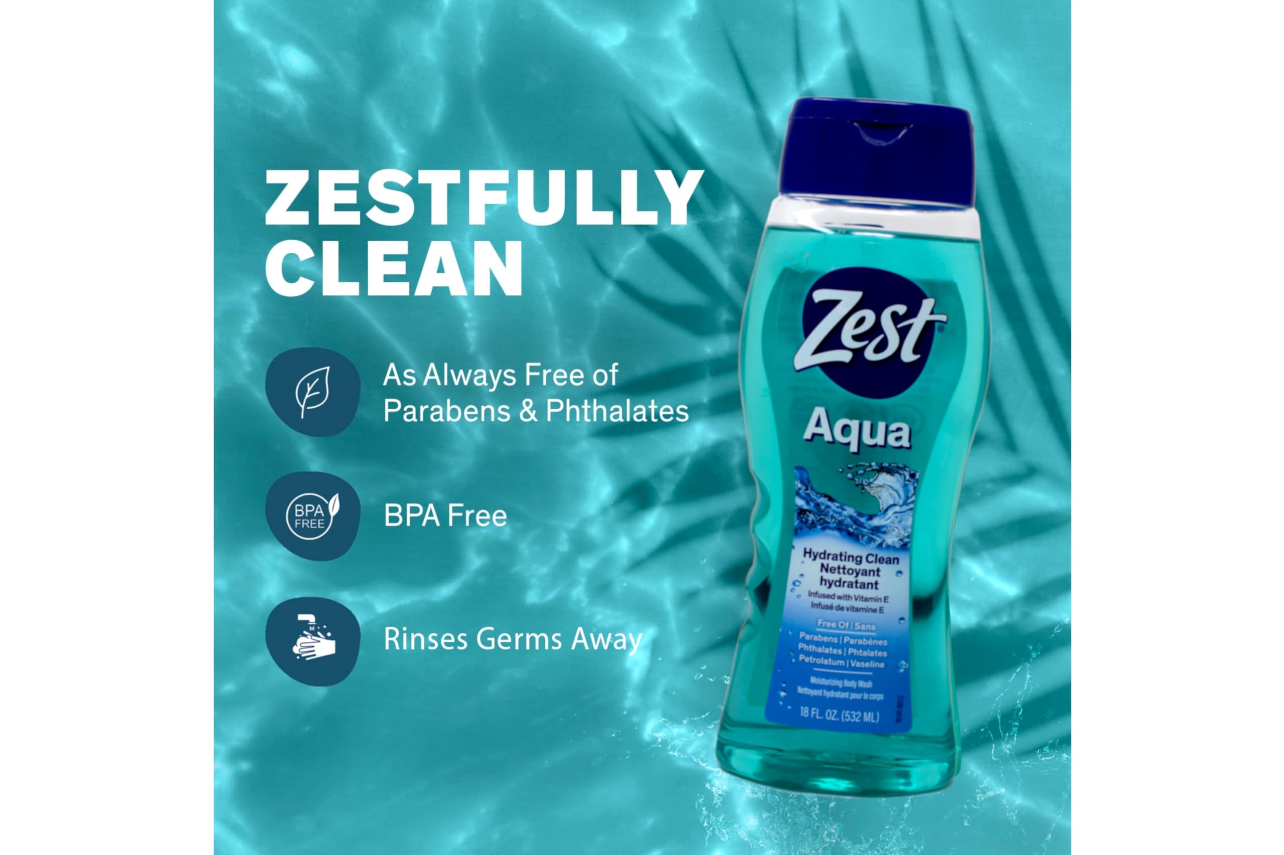 Zest Aqua body wash in a shower setting ready for use
