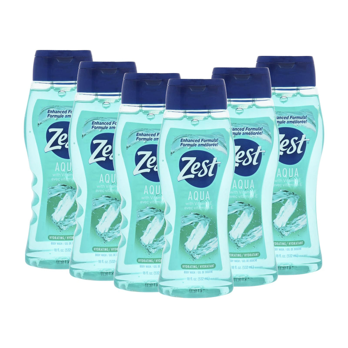 Zest Aqua 18oz body wash bottle delivering a hydrating cleanse for all skin types