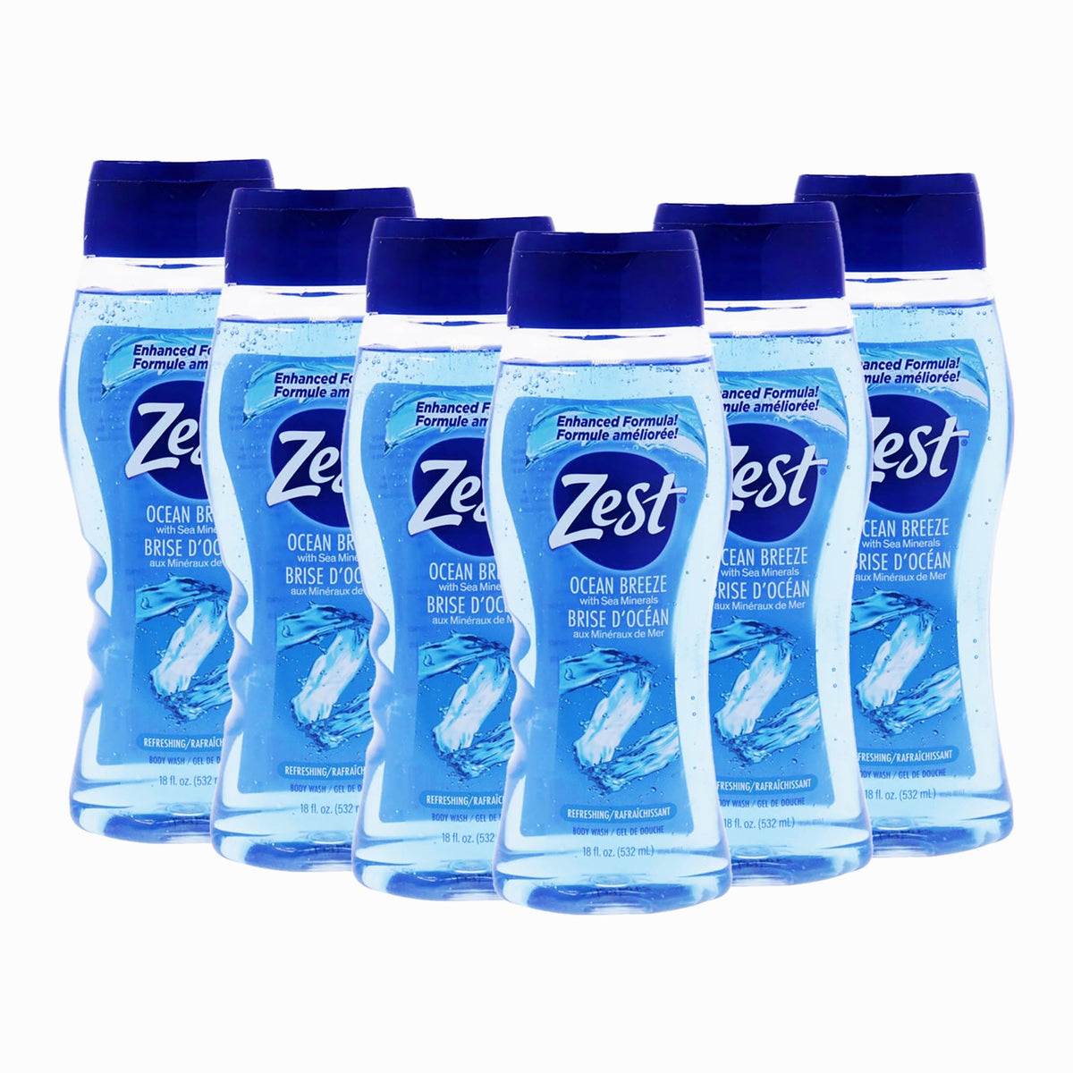 Zest Ocean Breeze Body Wash pack bottle front—ergonomic design for a refreshing daily cleanse.