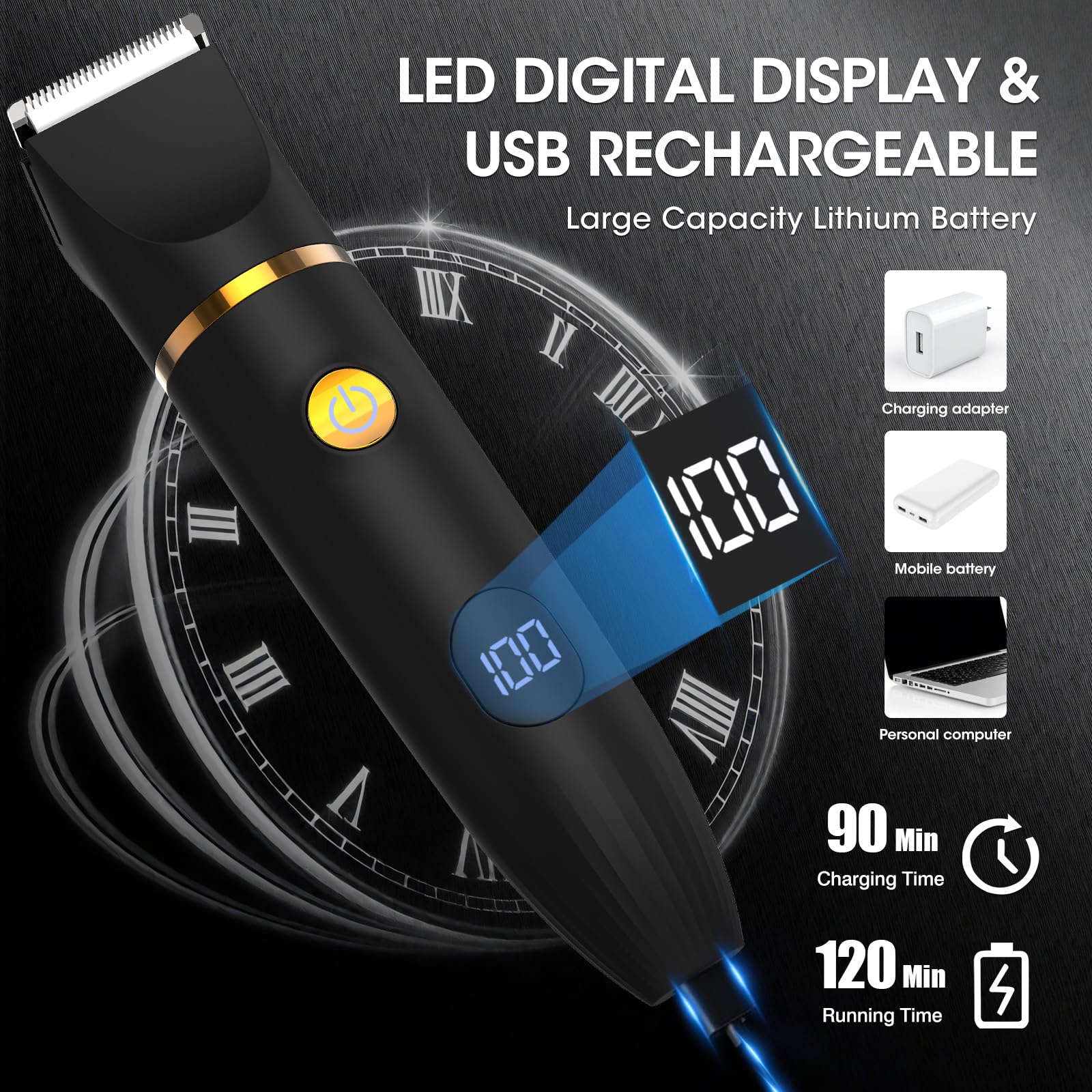Zesuti rechargeable battery and USB charging graphic for on-the-go grooming