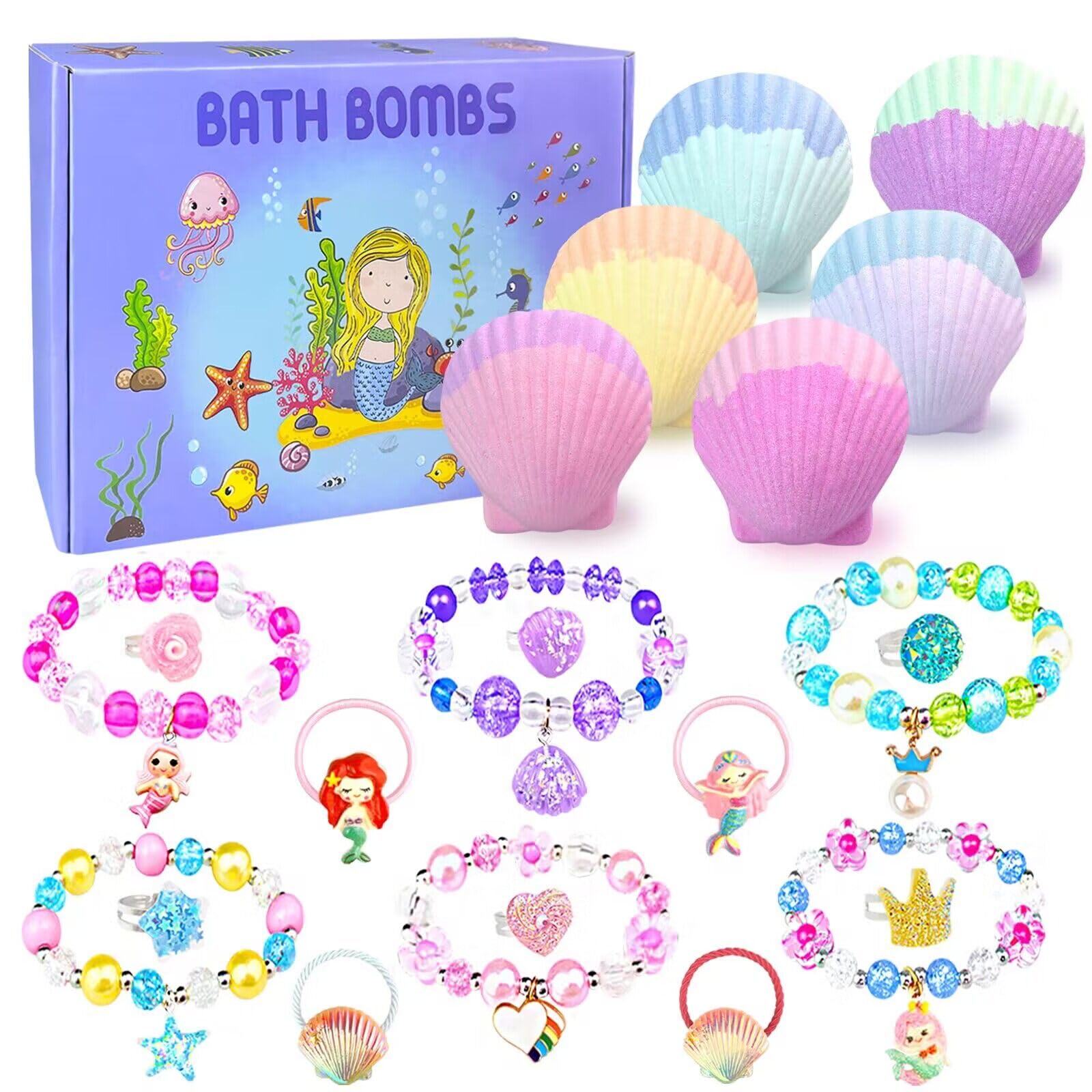 ZETONBNN Mermaid Bath Bombs with shell shape and surprise jewelry inside for kids' bath time