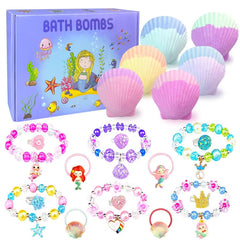 ZETONBNN Mermaid Bath Bombs with shell shape and surprise jewelry inside for kids' bath time