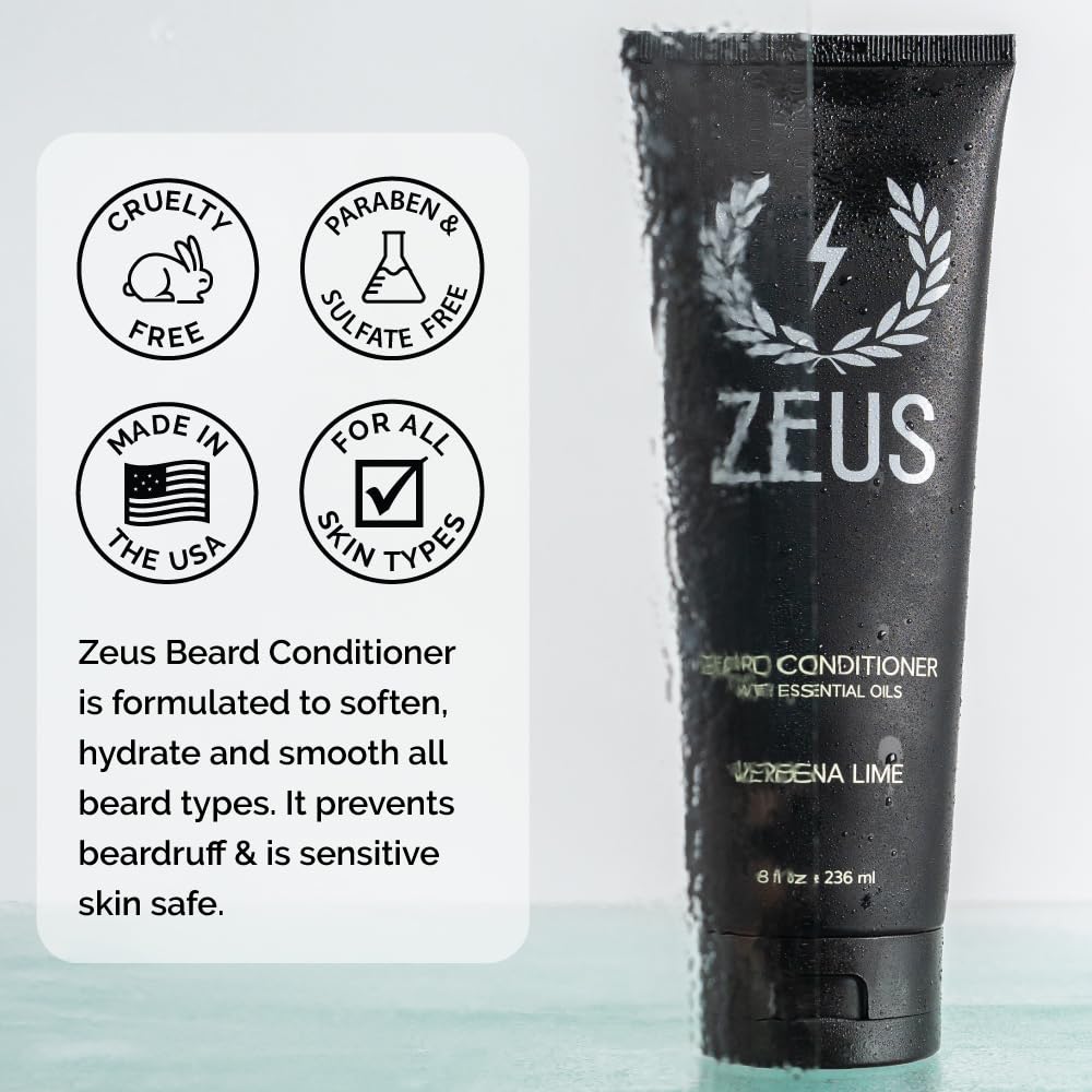 ZEUS Beard Conditioner Wash with green tea highlights hydrating botanicals for skin and hair.
