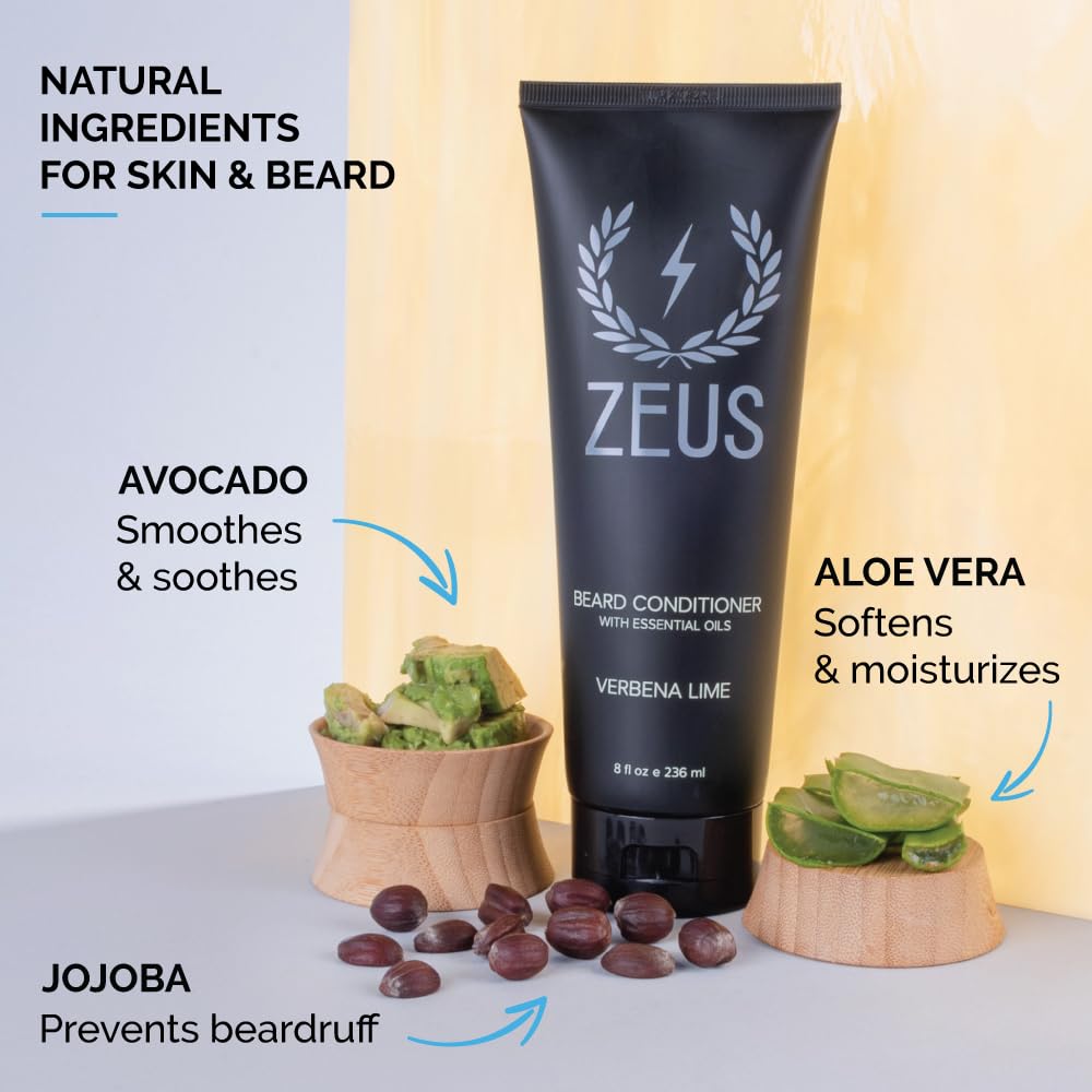 ZEUS beard conditioner wash label highlights Green Tea and natural ingredients.