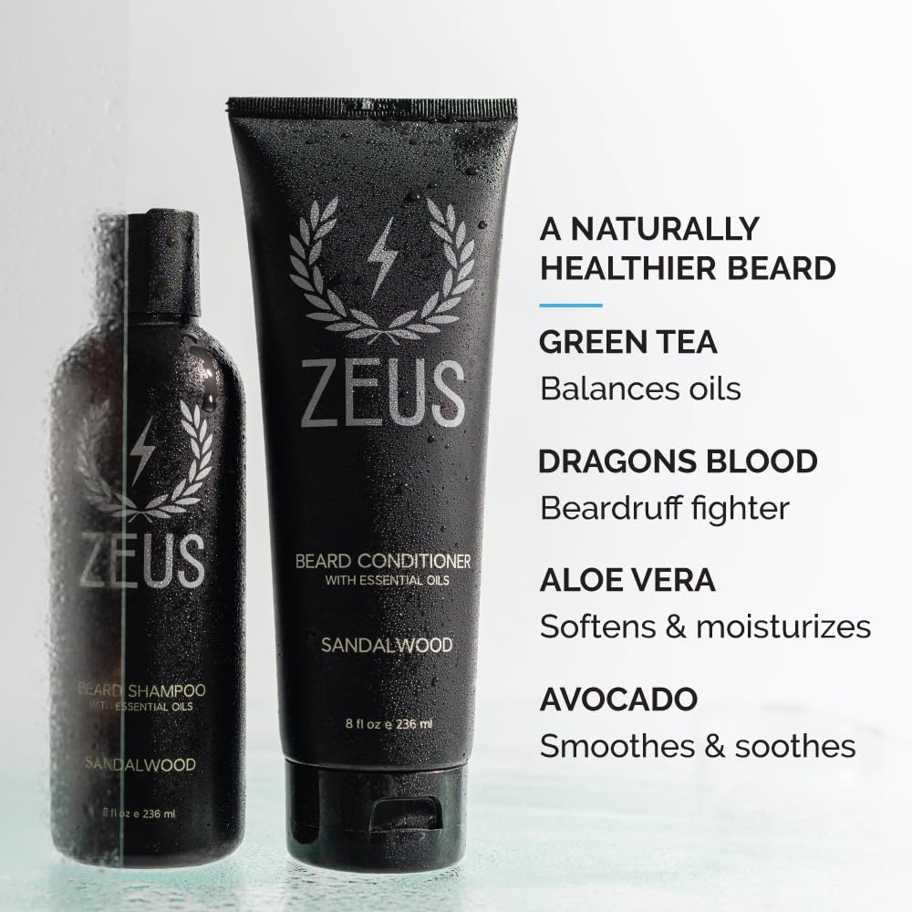 ZEUS beard wash set sandalwood scent closeup highlights rugged aroma for all-day freshness.