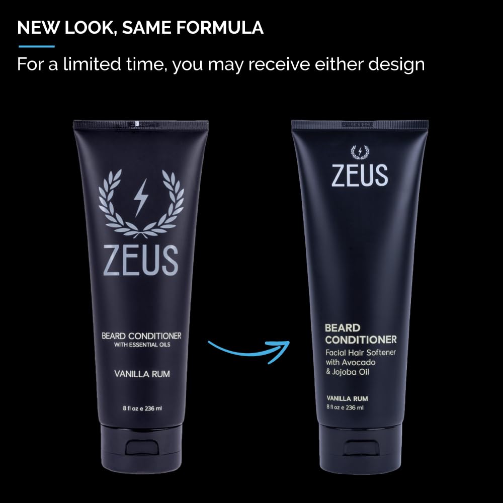 ZEUS conditioner bottle closeup demonstrates moisture-locking blend for softer beard