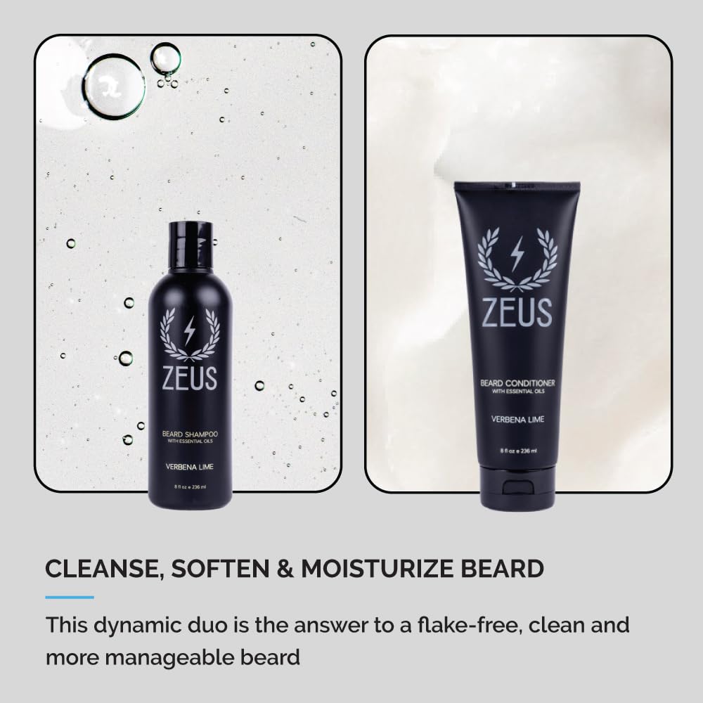 ZEUS green tea shampoo bottle highlights cooling cleanse for refreshed beard