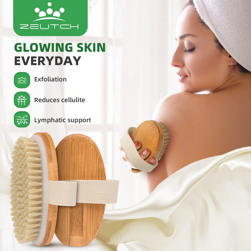 Zeutch body brush ergonomic-handle in use emphasizes easy reach for full-body cleansing