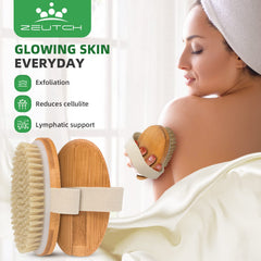 Zeutch body brush ergonomic-handle in use emphasizes easy reach for full-body cleansing