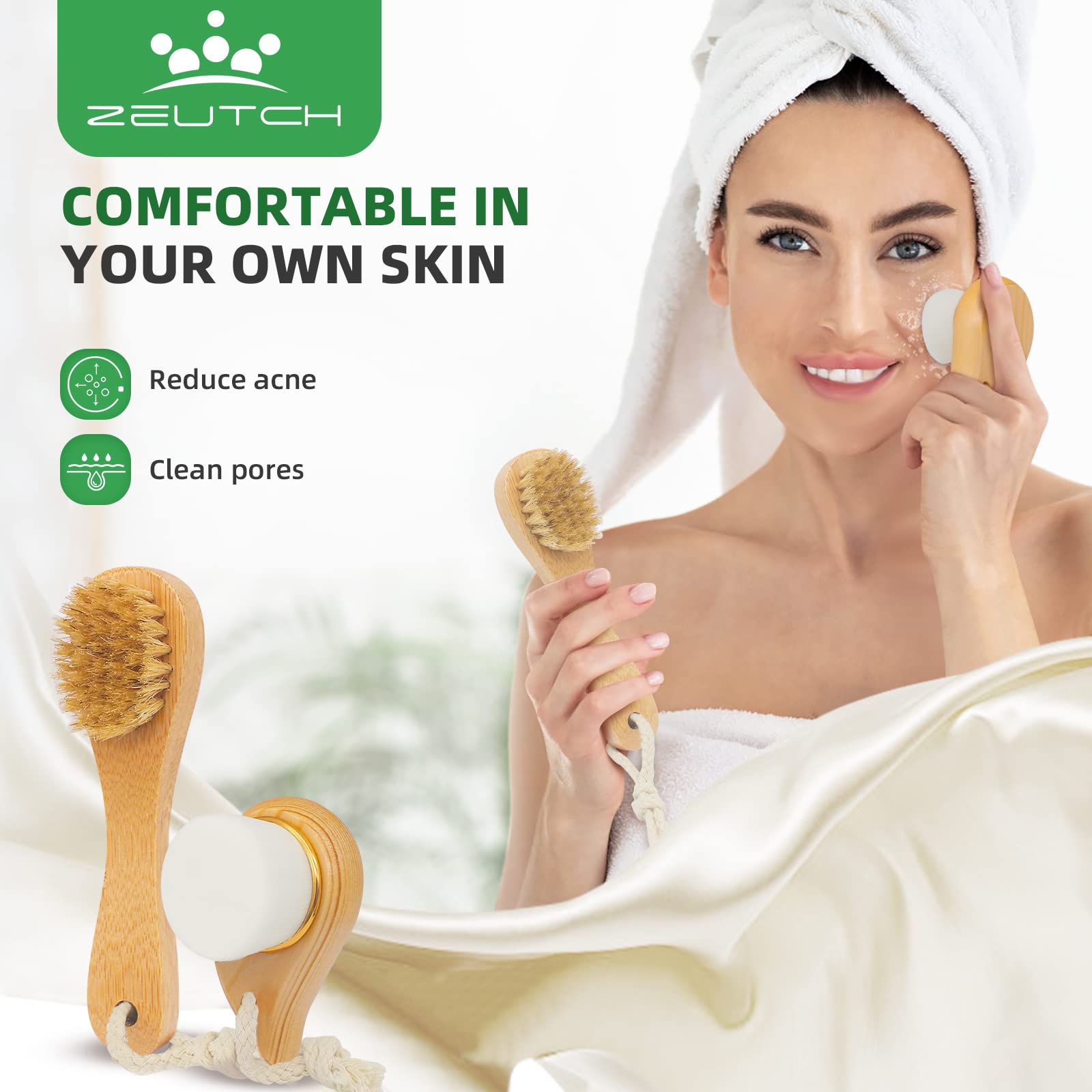 Zeutch soft face brush close-up shows gentle fibers for refined pores and smooth skin