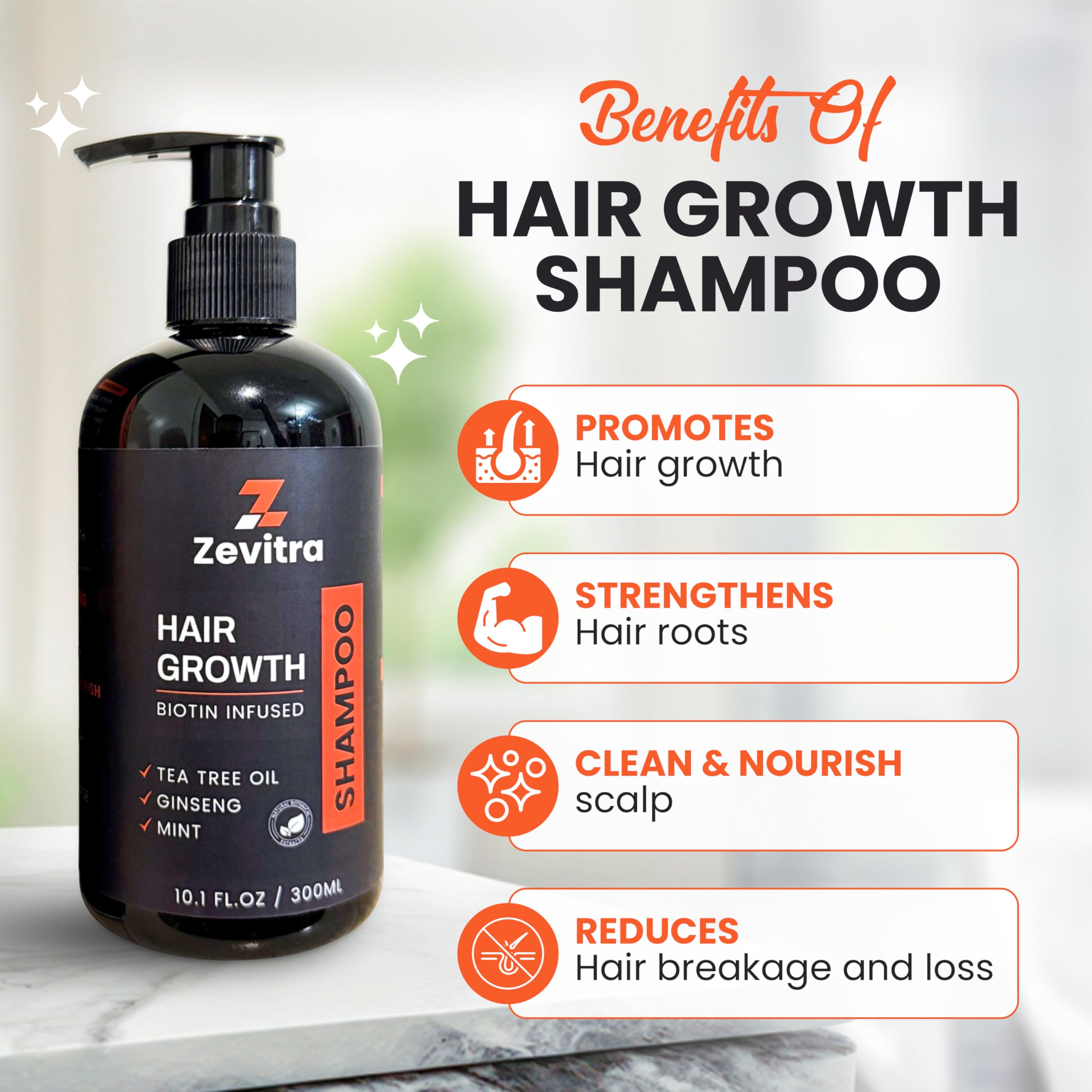Zevitra Hair Growth Shampoo 10oz bottle on counter.