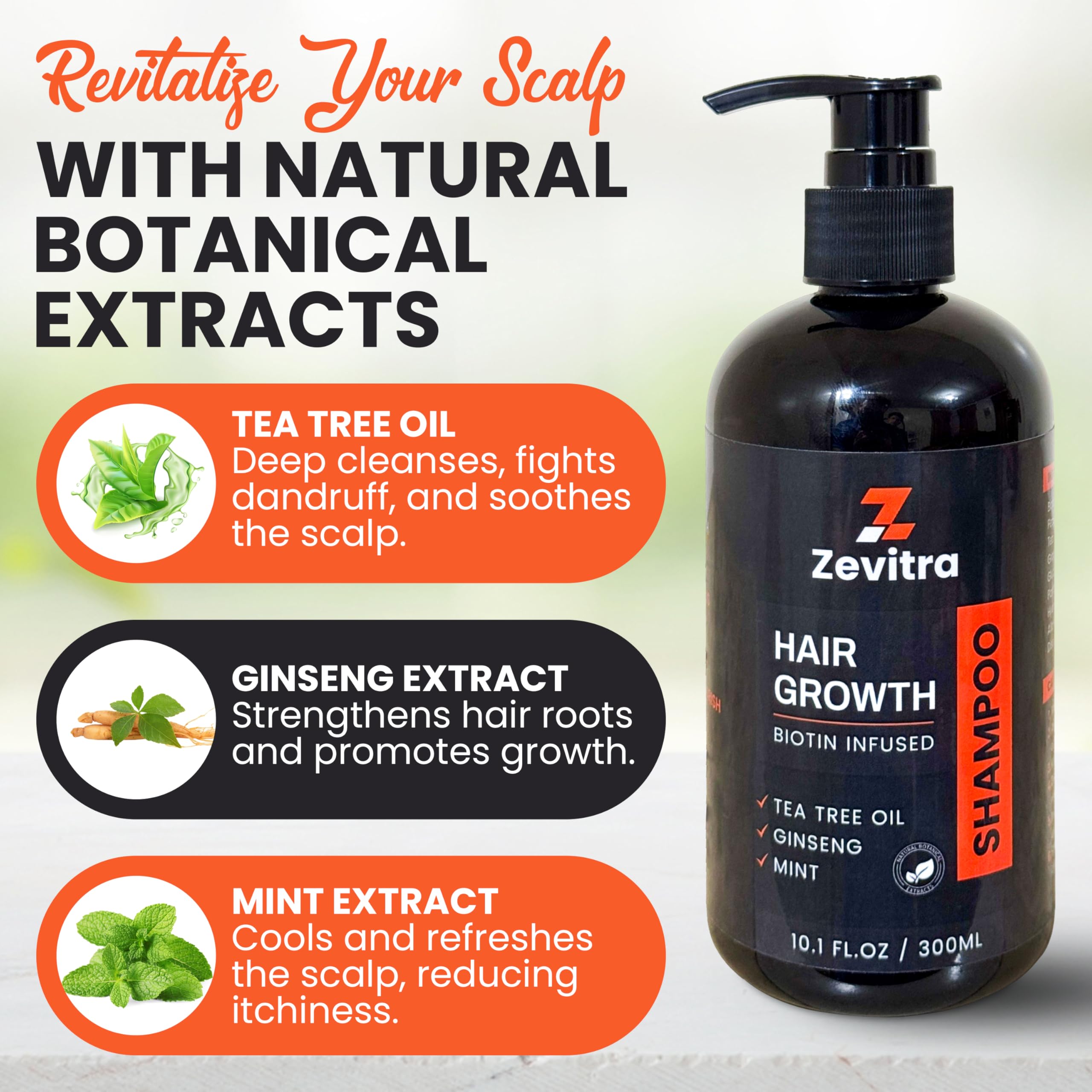 Zevitra Hair Growth Shampoo tea tree oil ingredient highlighting scalp freshness.