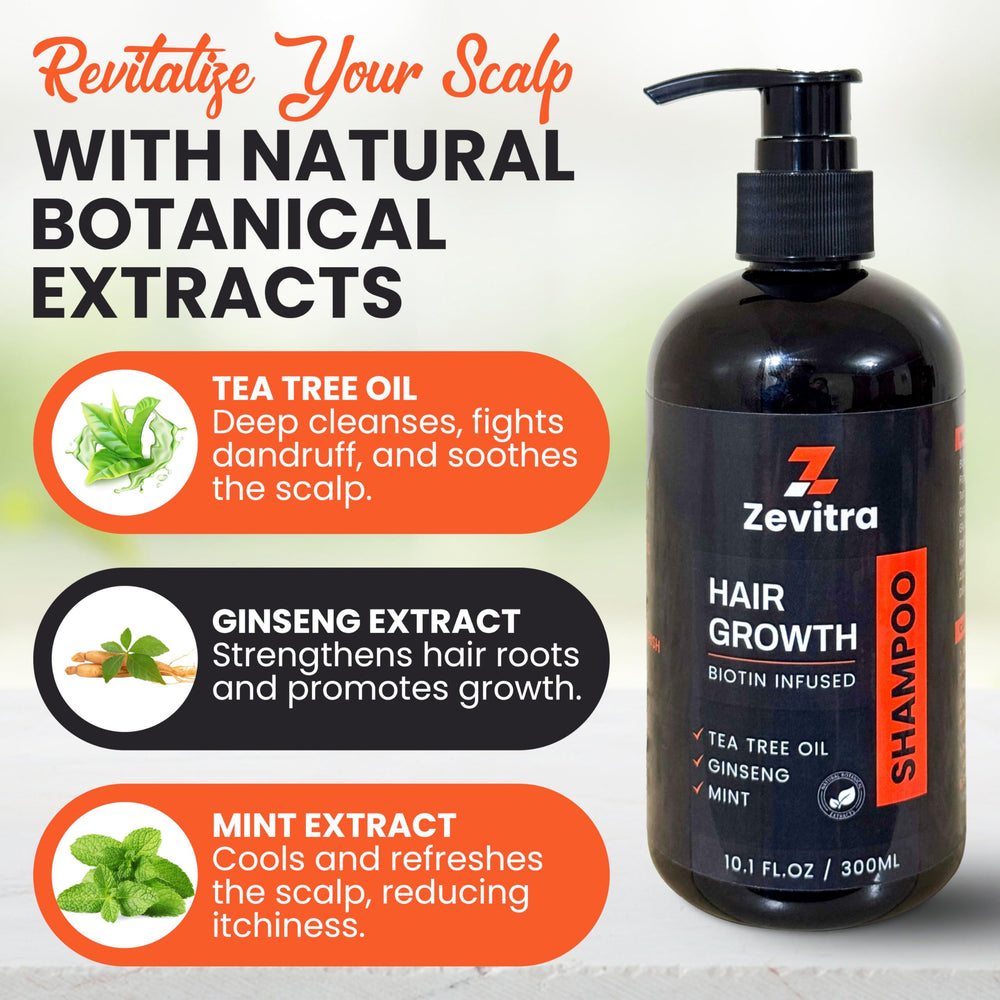 Zevitra Hair Growth Shampoo tea tree oil ingredient highlighting scalp freshness.