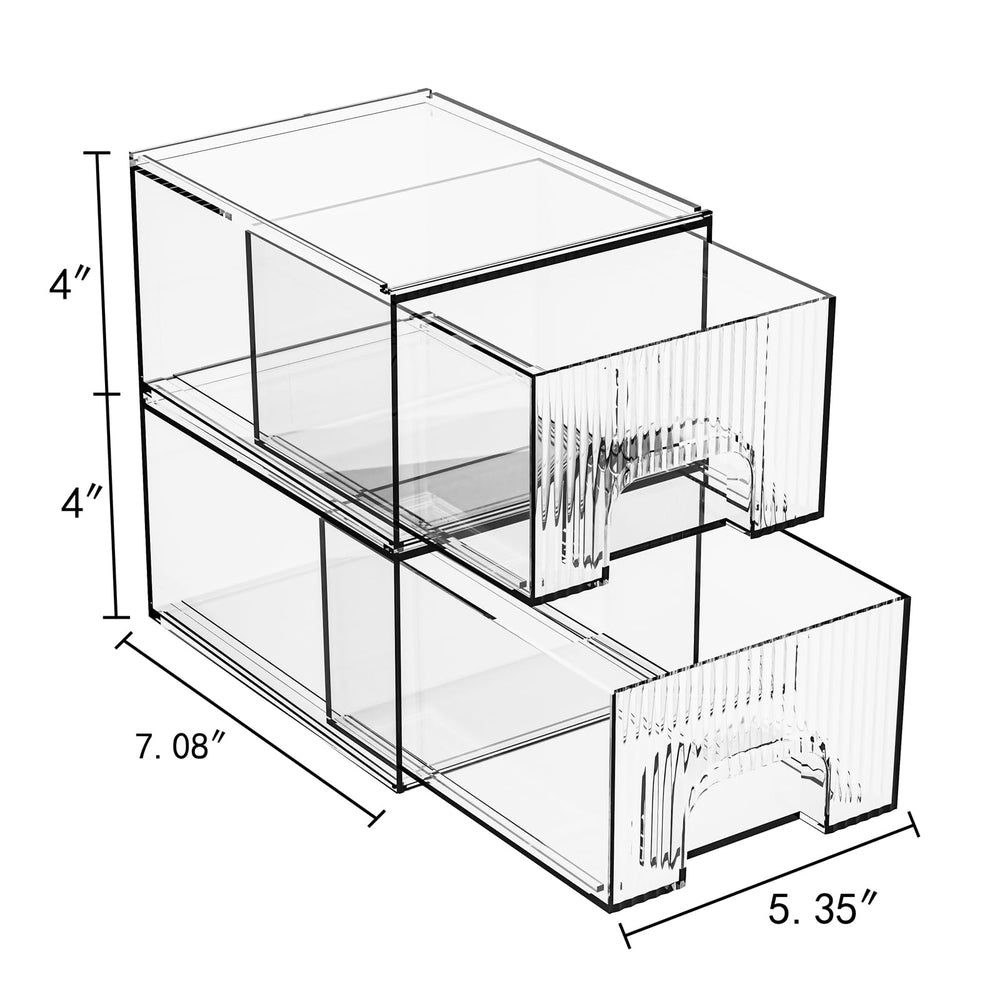 ZHIAI clear stackable cosmetic organizer 2-pack drawer open demonstrates easy access to brushes.