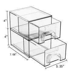 ZHIAI clear stackable cosmetic organizer 2-pack drawer open demonstrates easy access to brushes.