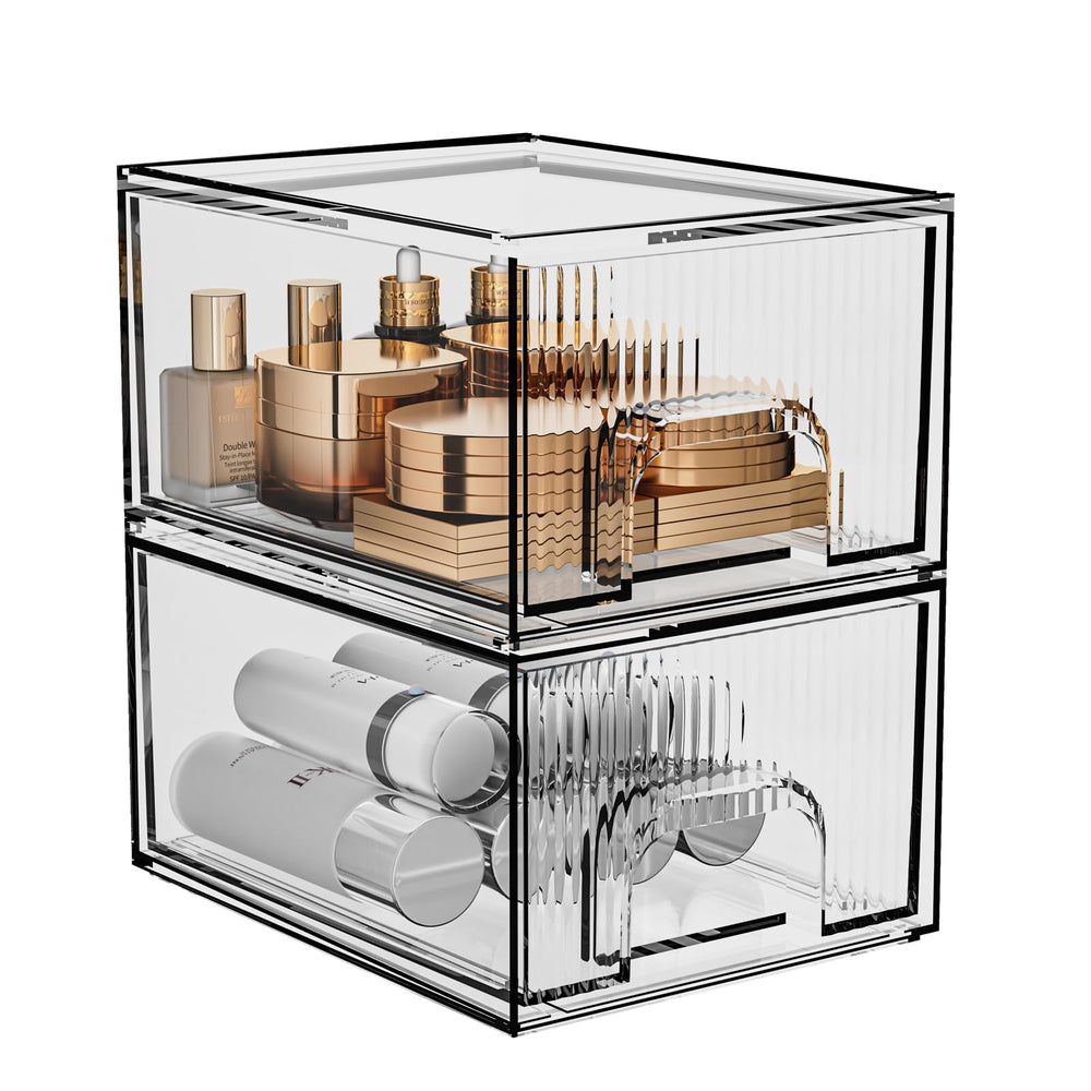 ZHIAI clear stackable cosmetic organizer 2-pack stacked design maximizes shelf space.