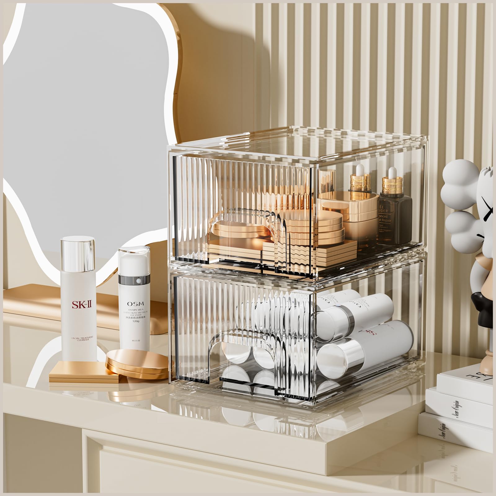 ZHIAI clear stackable cosmetic organizer 2-pack front view shows tidy vanity storage.
