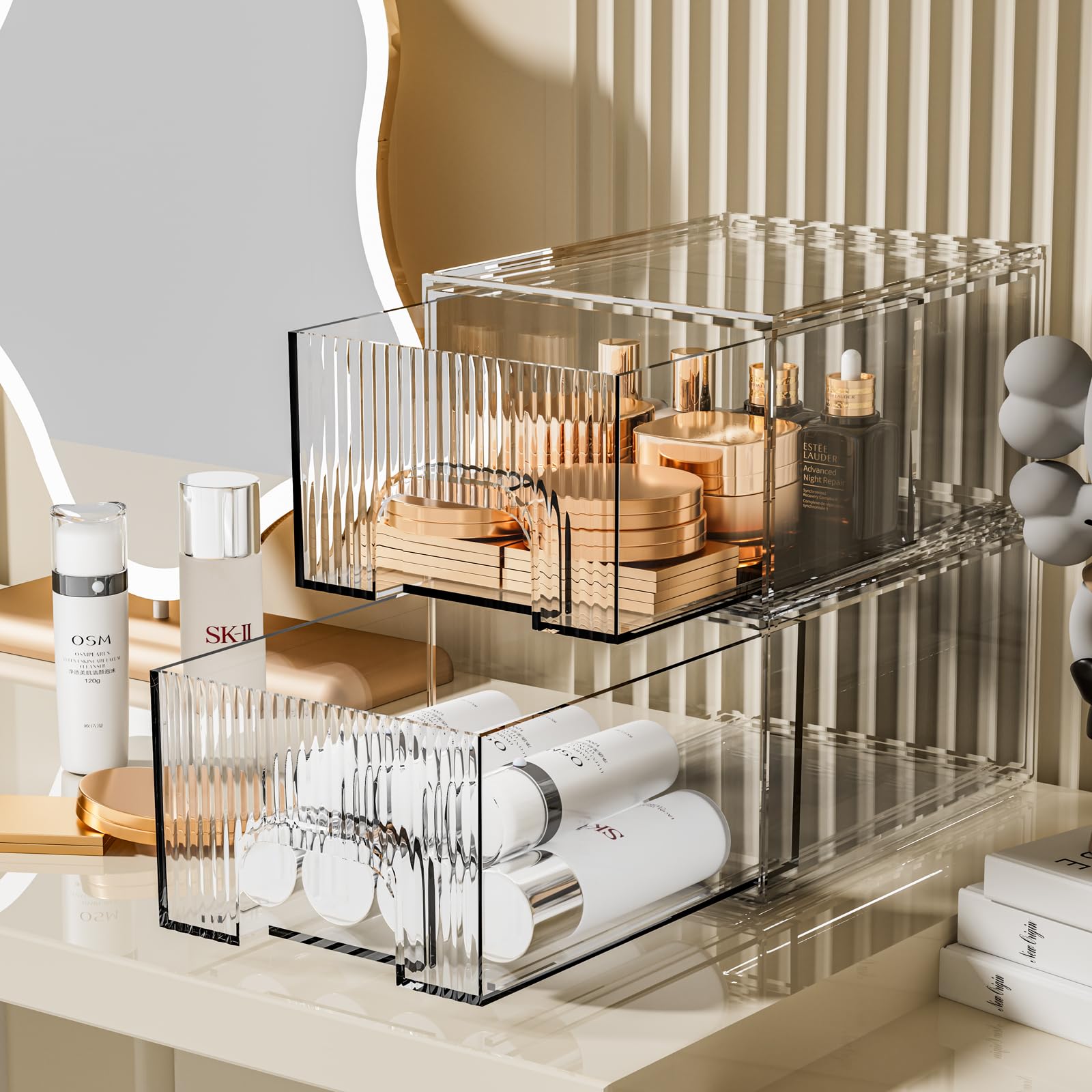 ZHIAI clear stackable cosmetic organizer 2-pack on a vanity keeps cosmetics visible.