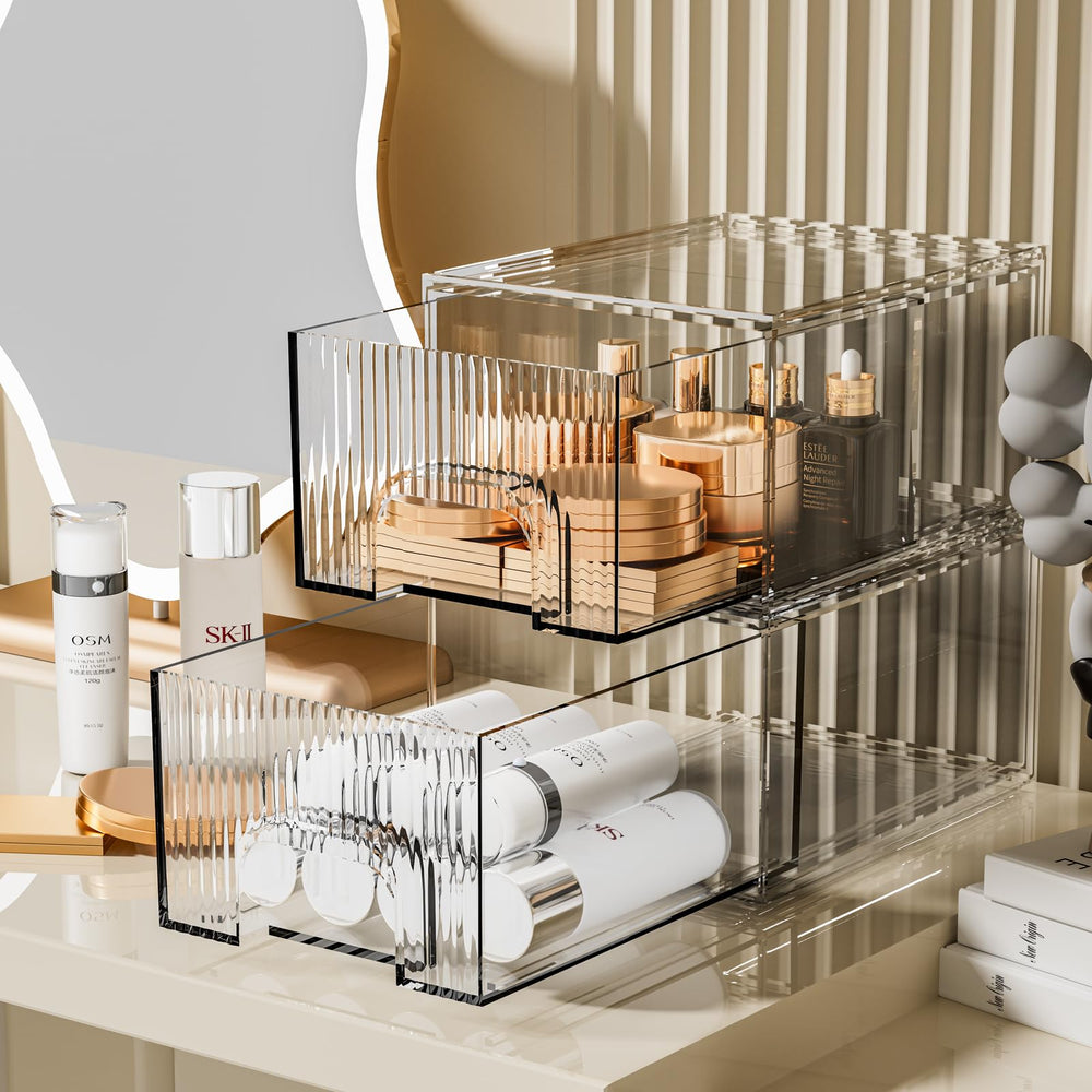 ZHIAI clear stackable cosmetic organizer 2-pack on a vanity keeps cosmetics visible.