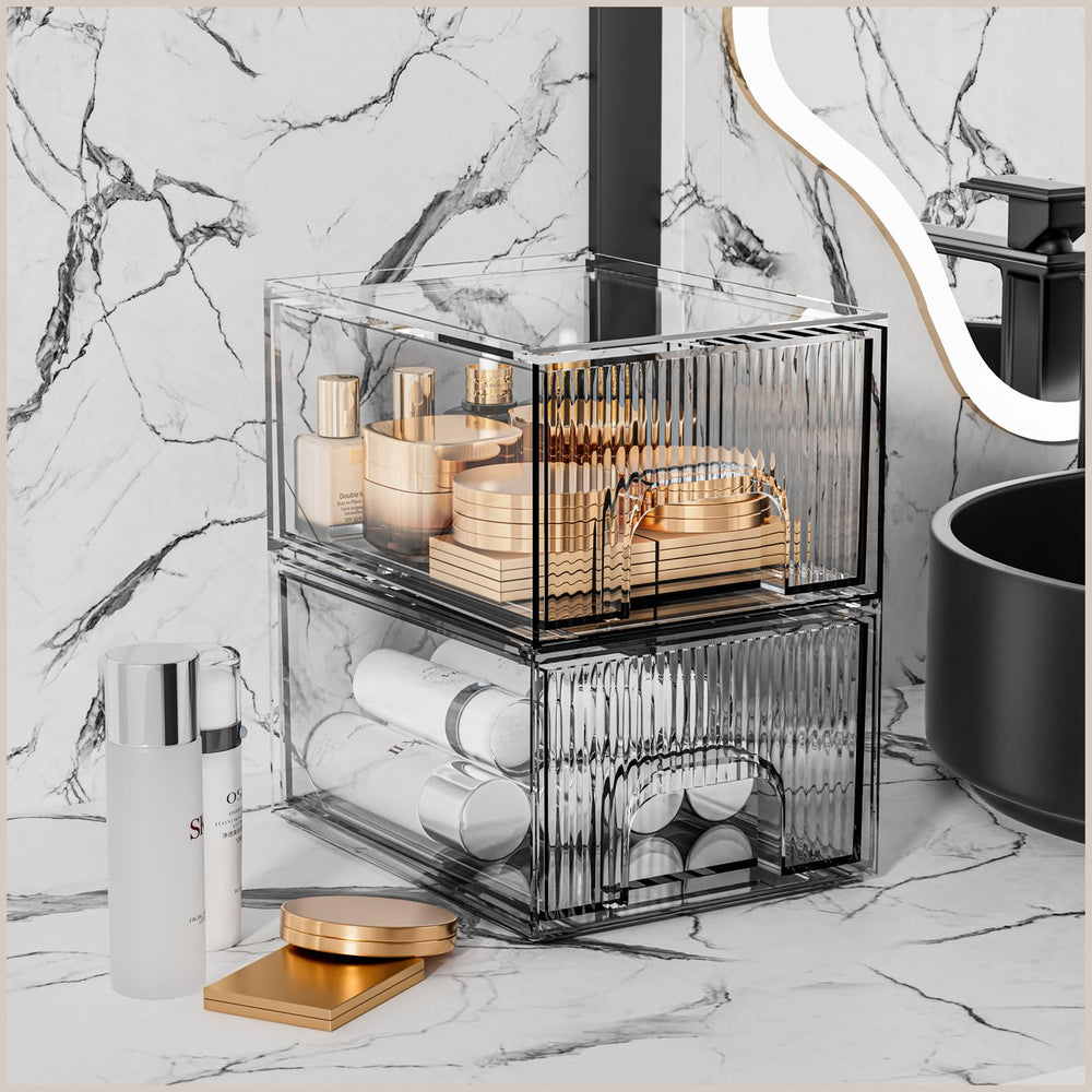 ZHIAI clear stackable cosmetic organizer 2-pack pantry usage shows versatile storage.