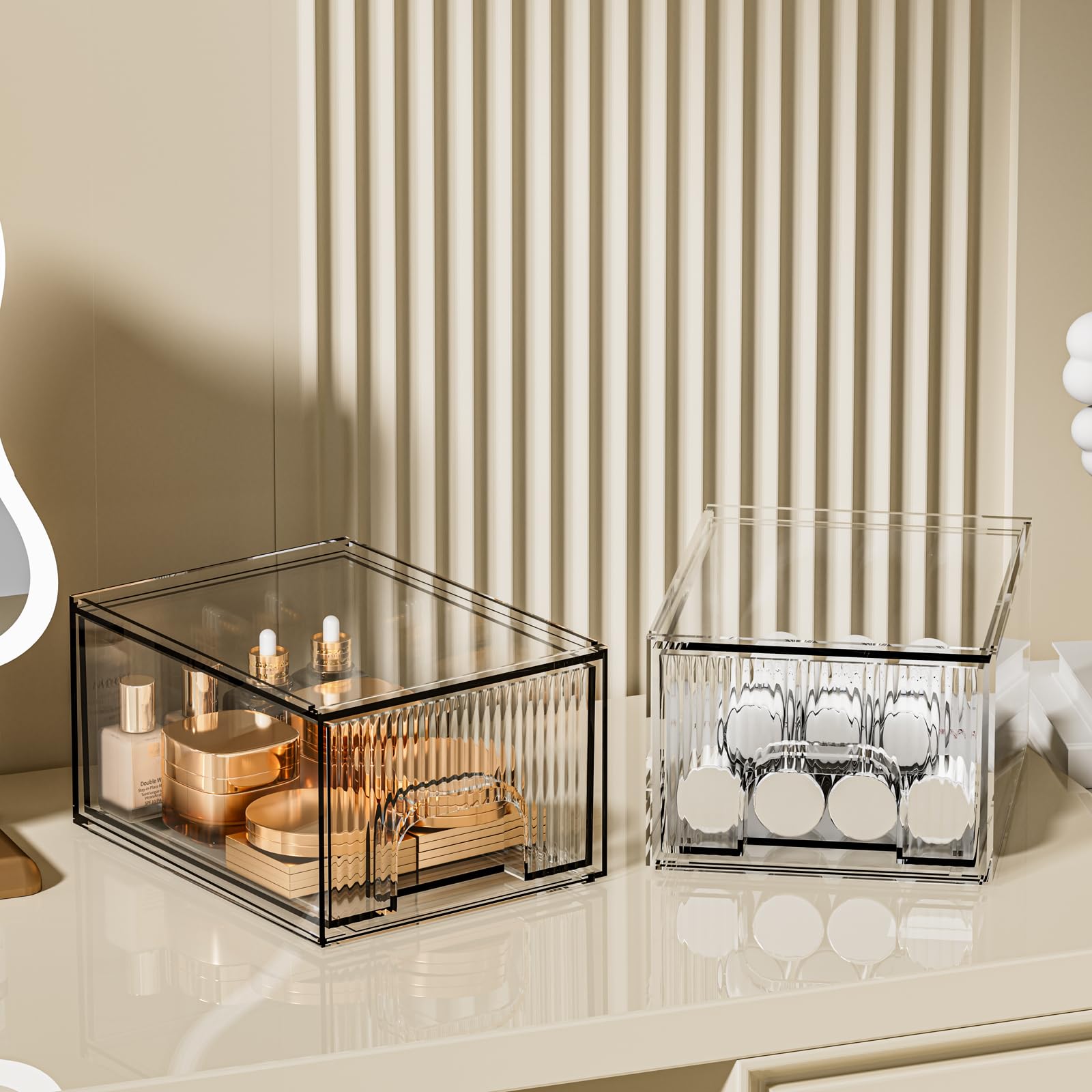 ZHIAI clear stackable cosmetic organizer 2-pack side view emphasizes compact dimensions.