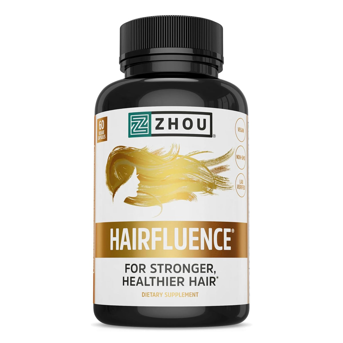 ZHOU Hairfluence bottle close-up for hair growth support.