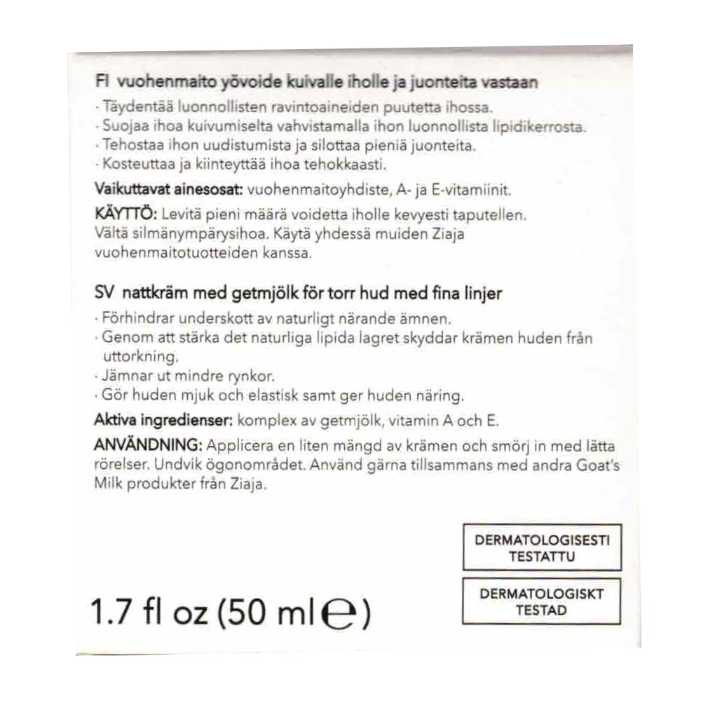 Ziaja Goat's Milk Night Cream box detail shows 50 ml size.