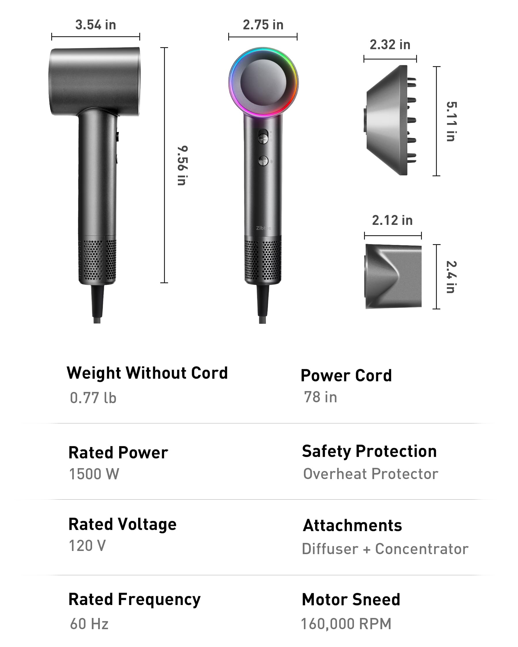 Zibtes grey hair dryer with durable build and one-year warranty.