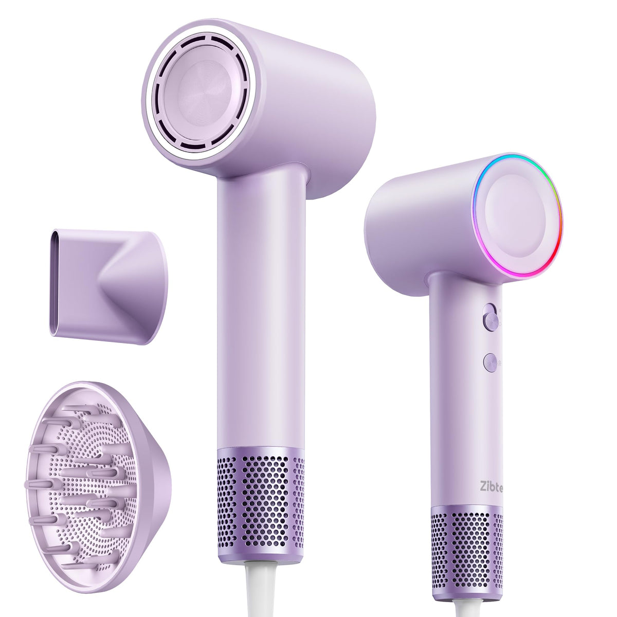 Zibtes high-speed dryer front view shows compact travel-friendly design for quick styling.