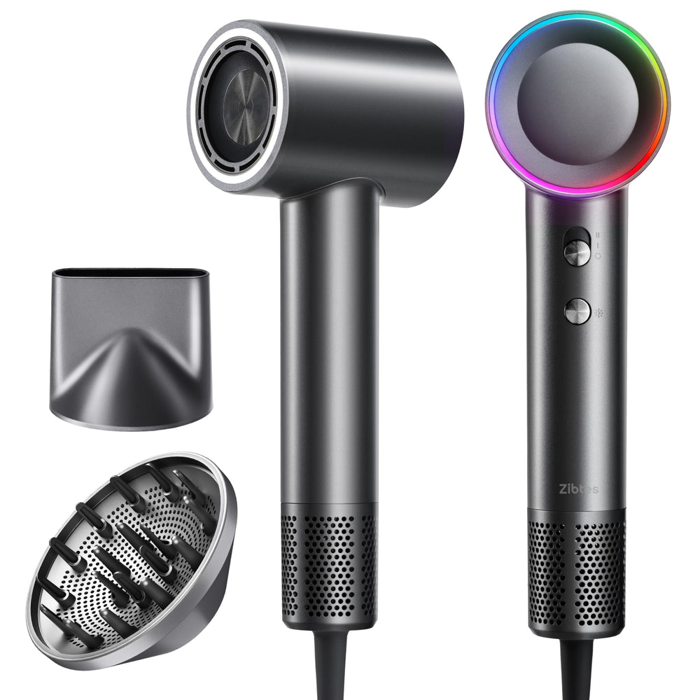 Zibtes high-speed hair dryer front view highlighting ultra-fast drying.