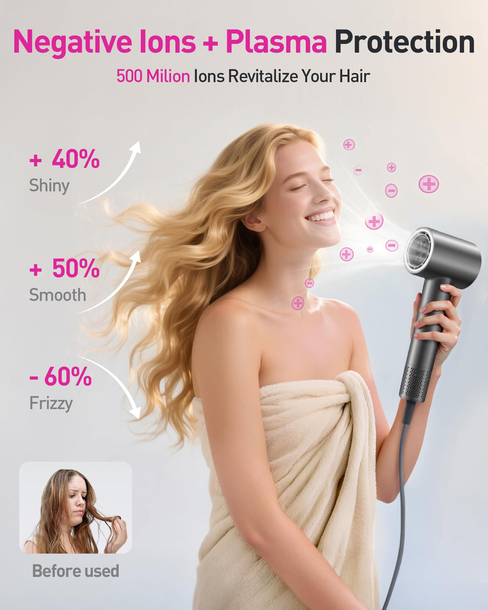 Zibtes high-speed hair dryer showing ionic technology reducing frizz and boosting shine.