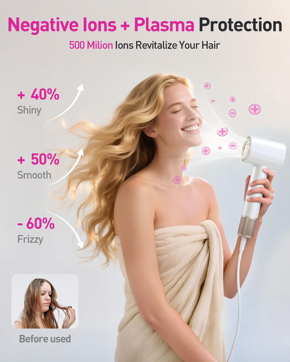 Zibtes plasma generator delivers 500M negative ions for frizz control and shine.