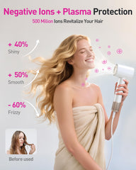 Zibtes plasma generator delivers 500M negative ions for frizz control and shine.