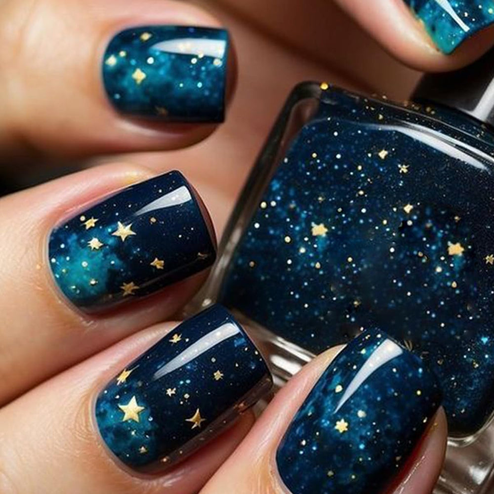 ZIFANHU dark blue starry sky press-on nails in short square shape for chic party nails