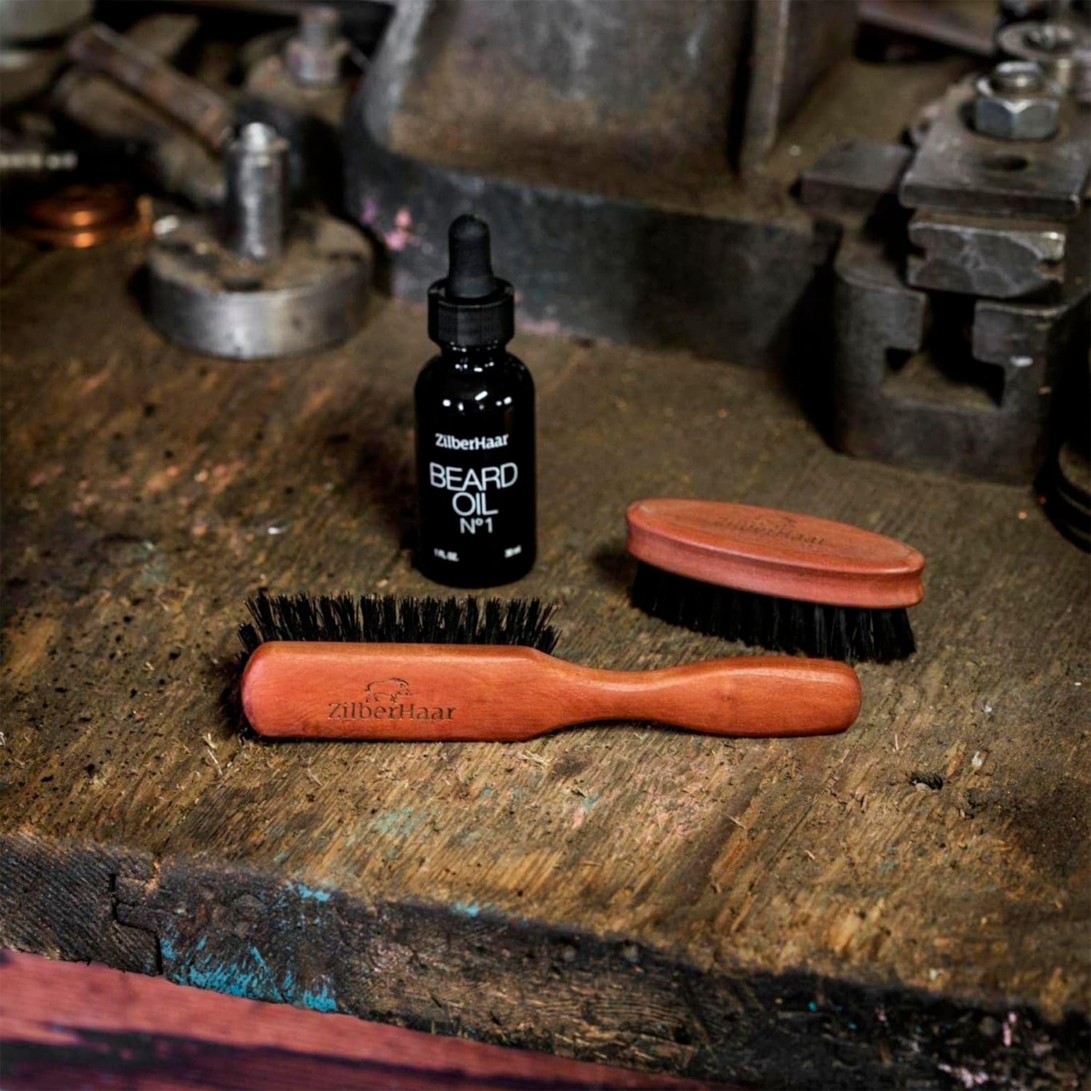 ZilberHaar brush paired with beard oil for smoother application.